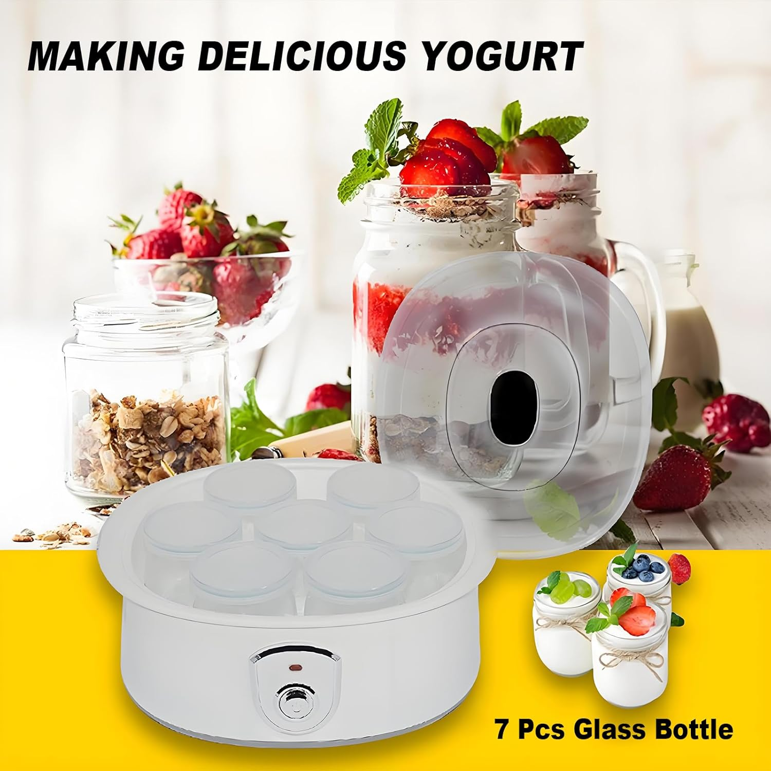 Yogurt Maker 1.5L Automatic Yogurt Maker, PTC Constant Temperature Heating, with 7 180Ml Glass Cups, White image number 6