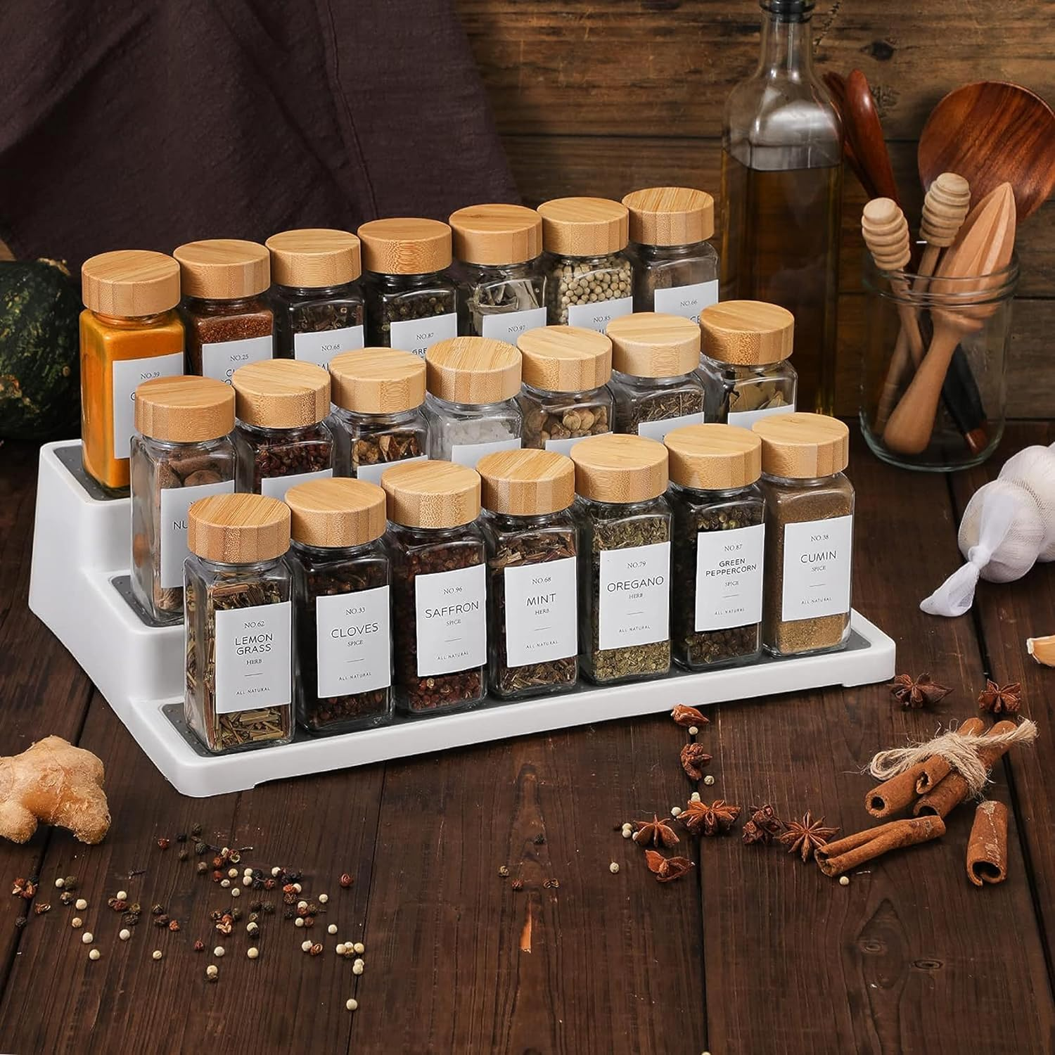 24Pcs Glass Spice Jars with Bamboo Lids, Square Seasoning Containers Spices Organizer Small Items Storage, with Preprinted Spice Label, Funnel, Shaker, Mark Pen,Brush, 120Ml/4Oz. image number 6