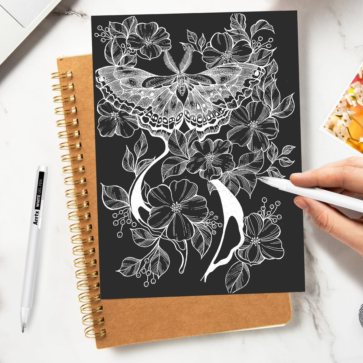 Arrtx White Gel Pens Set, 8 Pack, 1.0MM Bold Point Opaque Gel Ink Pens, Large Capacity White Ink Pens for Black Paper Drawing, Sketching, Illustration, Journaling, Writing, Adult Coloring image number 3