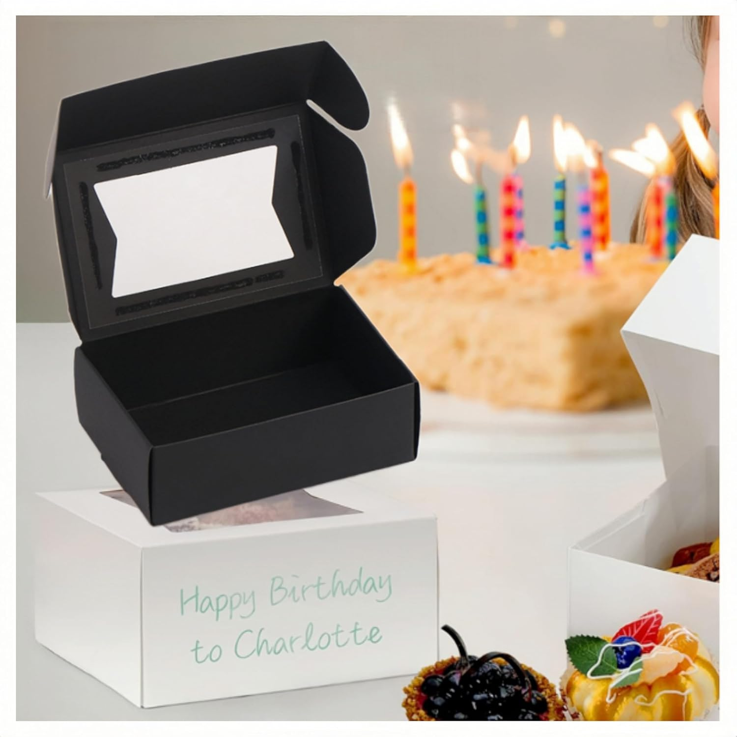 Cookie Boxes for Gift Giving, 40PCS Mini Kraft Paper Boxes, Soap Gift Box with Clear Windows,Small Bakery Box Present Treat DIY Essential Oil Candles for Candy,Chocolate,Wedding Party Favor(Black)