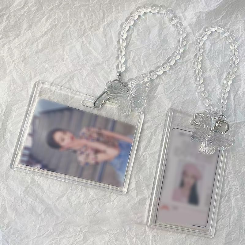 Card Case Kpop Photocard Holder Keychain with Butterfly Charm Lanyard - Clear Acrylic K Pop Picture Frame 3 Inch Album Keychain for Women Girls (Horizontal) image number 1