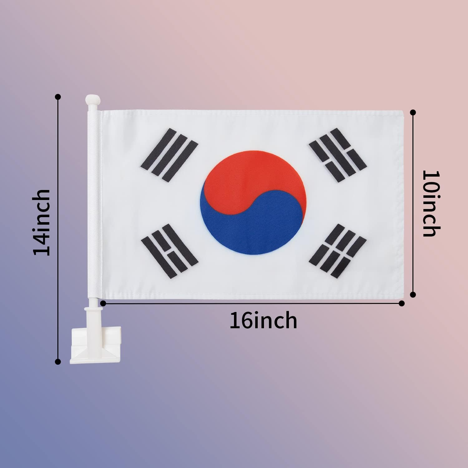 Korea Flag Car Flag with Pole - Outdoor Korean Flag, Window Clip for Most Windows, 14-Inch Pole, 16 X 10 Inch Double Sided
