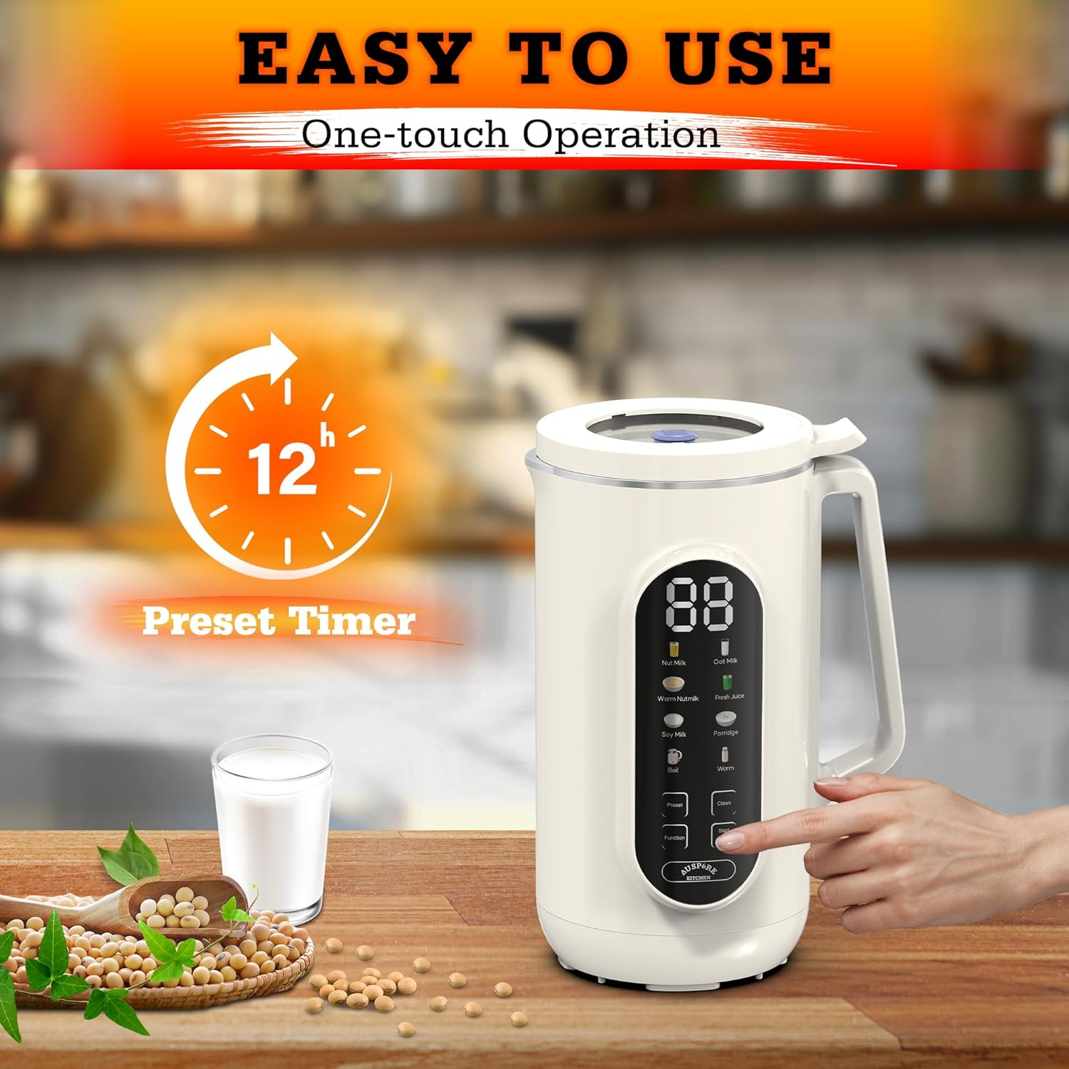 Soy Milk Maker Machine, 1000Ml, 10 Blades, 8-In-1 Multifunctional Design for Nut, Oat, Almond, Soy Milk, Fresh Juice & More - Self-Cleaning, Overheat Protection, 12H Preset Timer, Warm & Boil image number 6