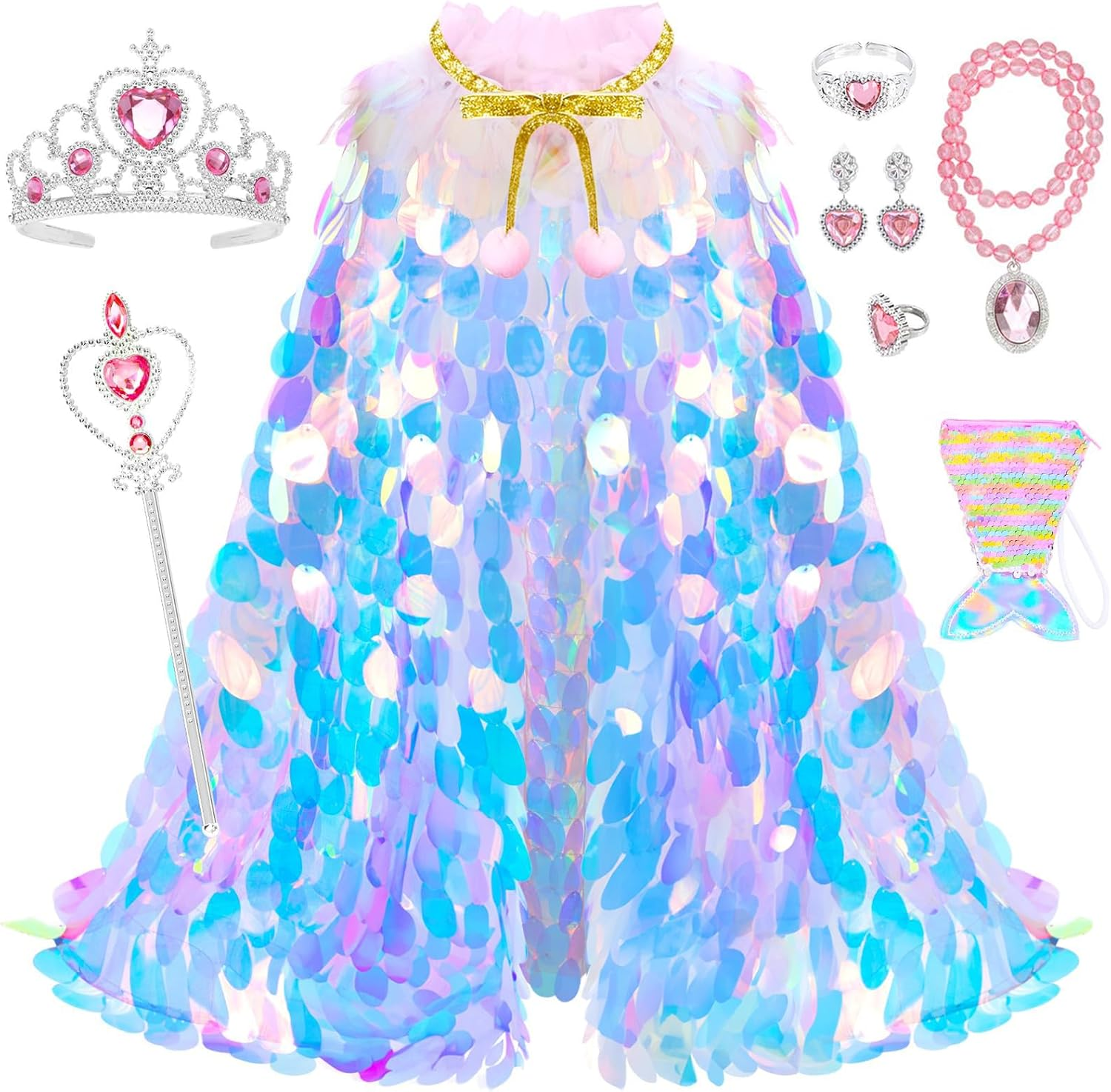 MOTYYA Princess Dress up Clothes for Girls, 9Pcs Rainbow Mermaid Cape Kit Princess Dress up Costume Toys Gift Set for Little Girls 3-8 Years Old, Party Favors Birthday Great Gift Set image number 4