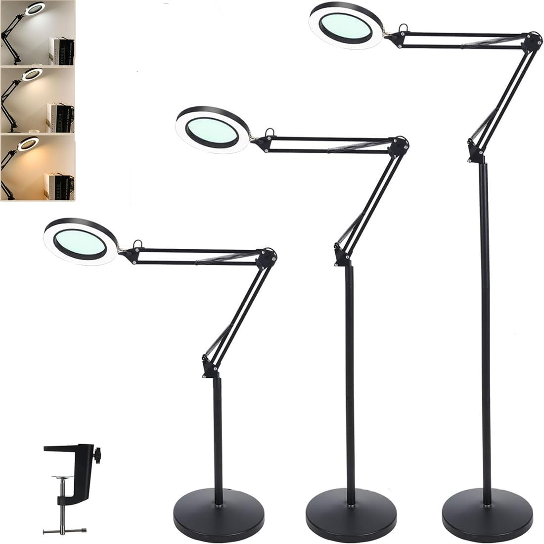 10X Magnifying Glass with Light and Stand, 3-In-1 Adjustable Swing Arm Magnifying Floor Lamp, Adjustable Color Temperature & Dimmable Lighted Magnifier Lamp with Clamp for Reading,Close Work