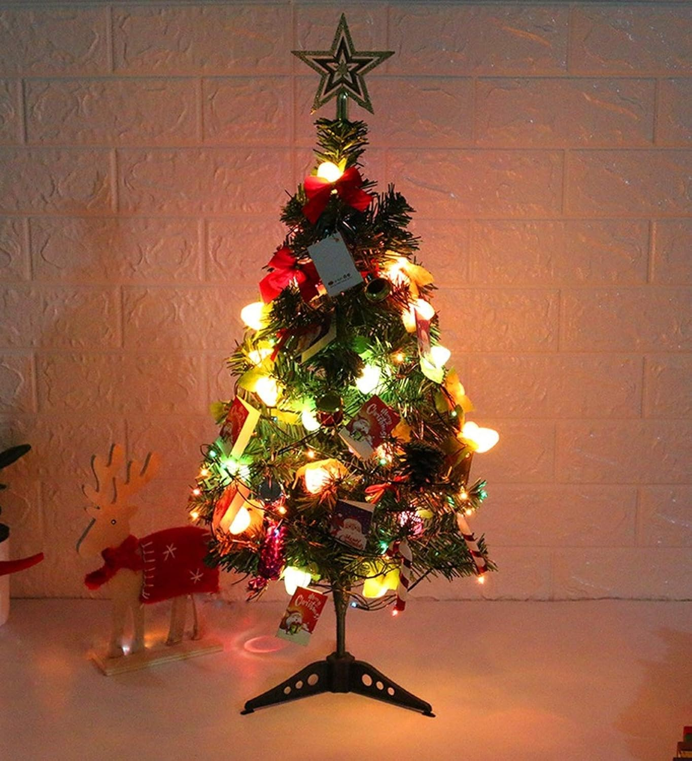 KEAIDO 24" Tabletop Christmas Tree Set, LED Prelit Small Xmas Tree Kit with String Light, Hanging Ornaments Pine Cones, Star Tree Topper, Seasonal Decor DIY (24Inch/60Cm) image number 6