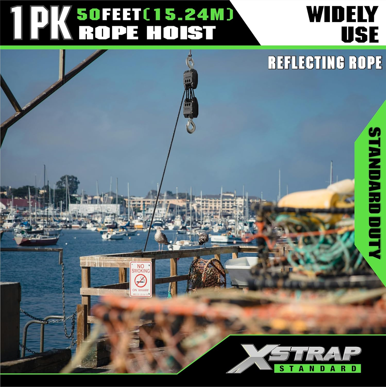 XSTRAP Standard Heavy-Duty 2,000LB Reflective Rope Hoist Pulley 50 Feet Wheel Block and Tackle System with 2PK 18 Inch Soft Loops for Animal Husbandry, Garage, Warehouse, Constructions image number 3