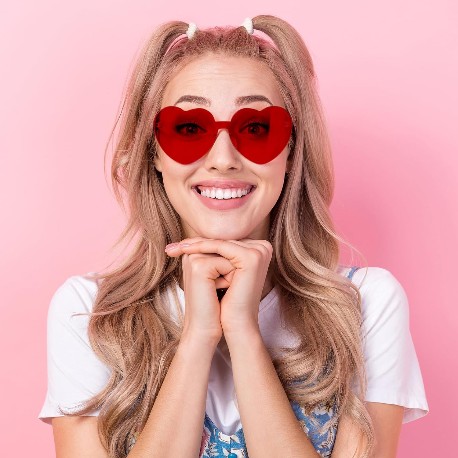 BOUBONI 14 Pack Heart Shaped Sunglasses for Women Rimless Heart Glasses Bulk Mardi Gras Candy Color Sunglasses for Party - Red image number 2