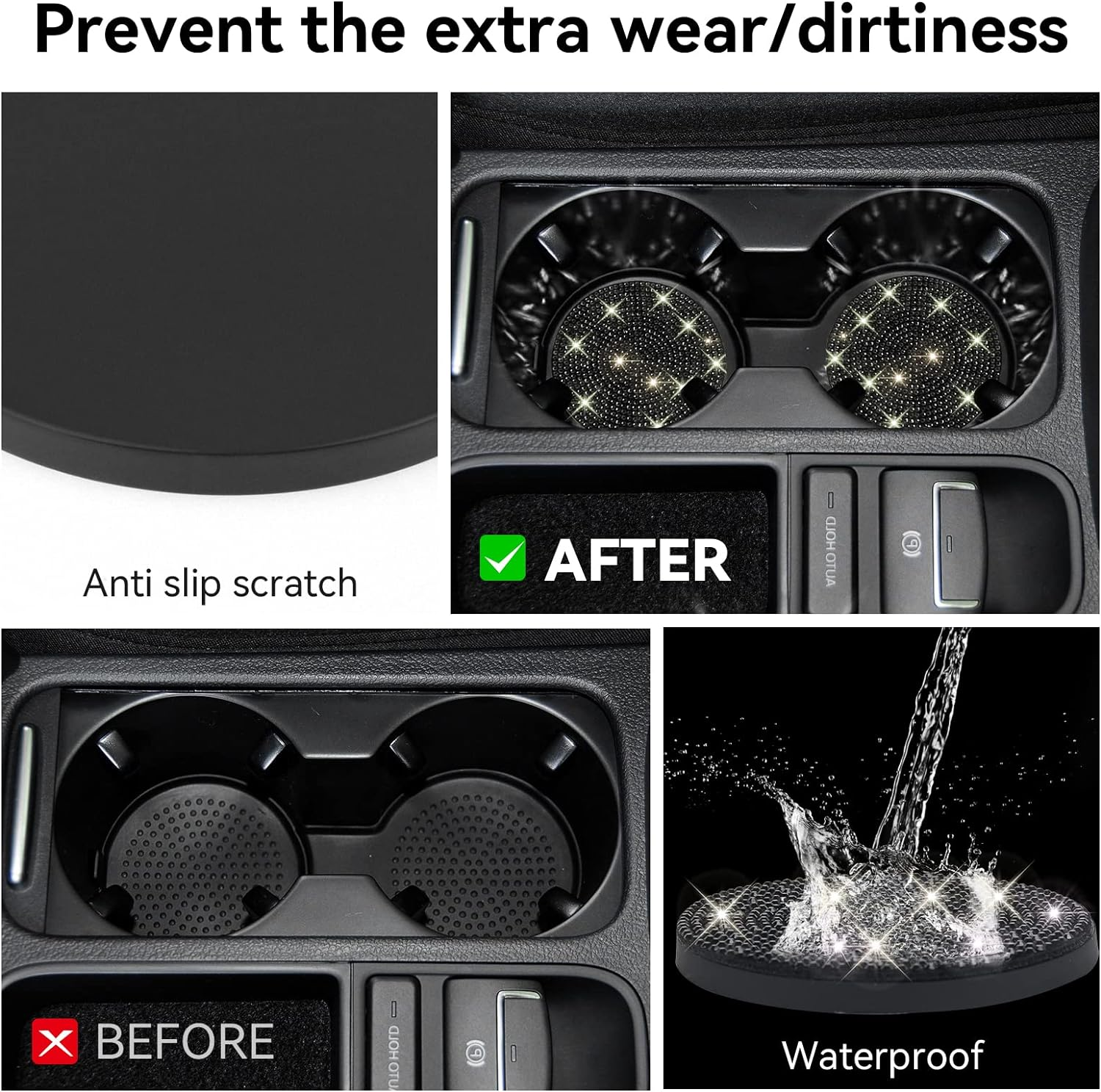 SINGARO Bling Cup Holder Coasters for Car, 2PCS Universal Non-Slip Cup Holder, Embedded Decorative Coasters, Shiny Crystal Car Interior Accessories Gifts for Women (Black) image number 2