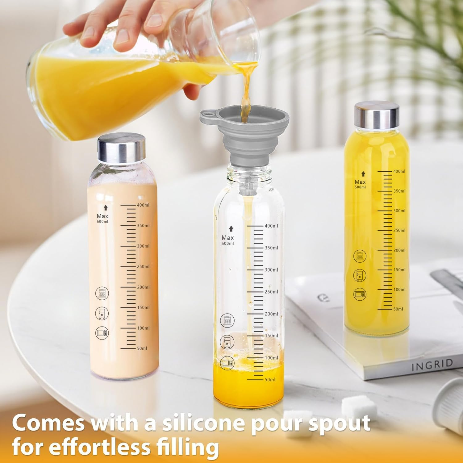 Clear Glass Bottles Set of 6, 18Oz/530Ml Reusable Glass Water Bottle with Stainless Steel Cap for Juicing, Refrigerator, 100% Leak Proof, Glass Juice Bottle for Fruit Juice, Tea, Water image number 3