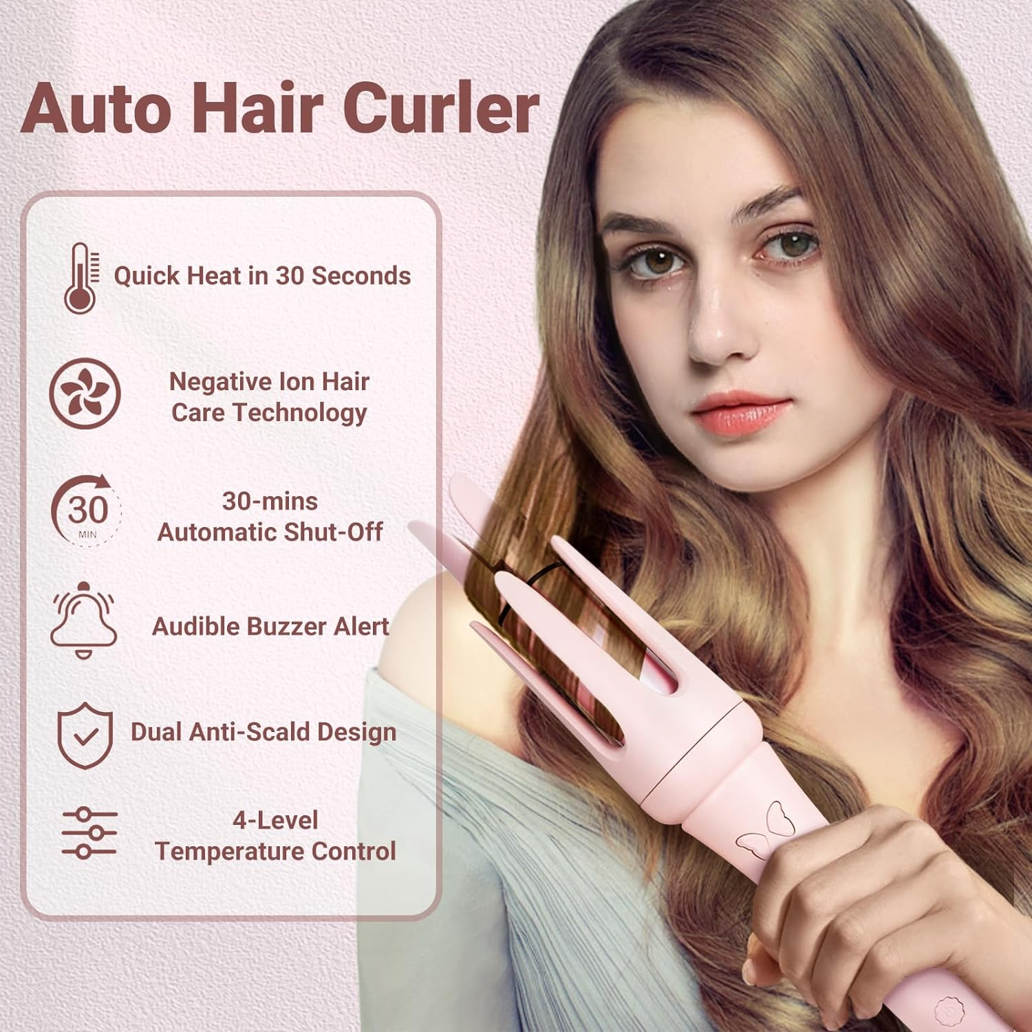 LIWEGHT 32Mm Automatic Curling Wand 360&deg; Rotating, Double Anti-Scald, 4 Temp Settings & Timer, Ceramic Barrel, Beginner-Friendly image number 2