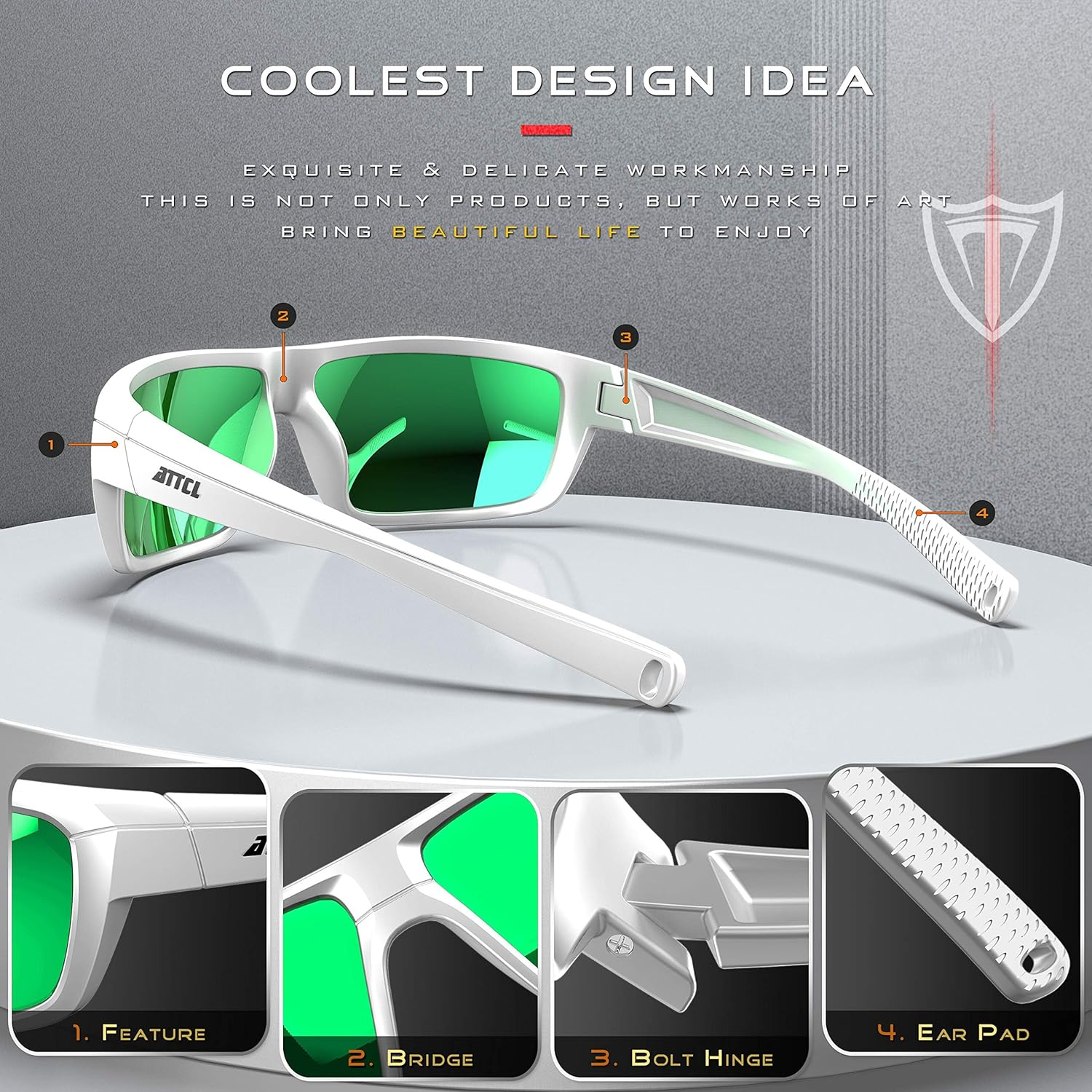 ATTCL Polarized Wrap Sunglasses for Men: Rectangle TR90 Frame, UV400 Protection Sport Glasses for Running, Driving, Fishing and Outdoor Activities - 5001-Clear+Green/Mirrored image number 2