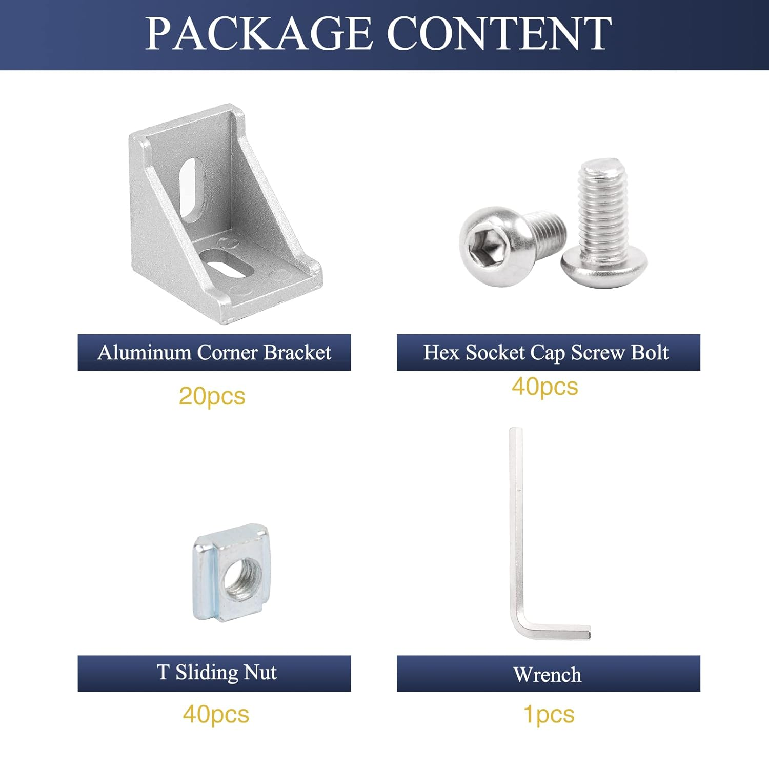 4040 Aluminum Profile Connector Set,20Pcs 4040 Corner Bracket + 40Pcs 40 Series M8 T Nuts + 40Pcs M8X16Mm Hex Socket Cap with Wrench (Silver) image number 2