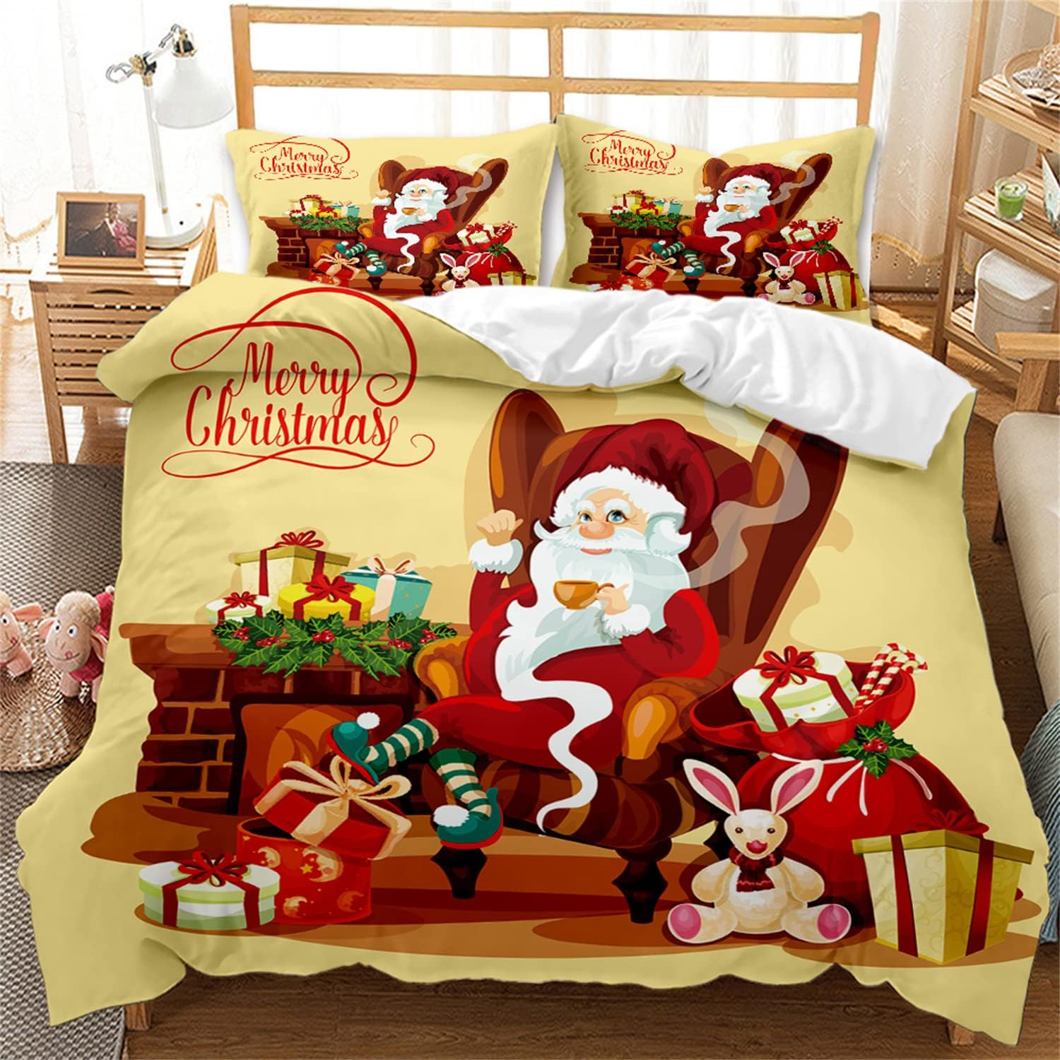 Eveone Christmas Duvet Cover Quilt Cover Single/Double/Queen/King Size Bed Sheets Pillowcase Set Festival Atmosphere New Year Eve Santa Claus Elk Cartoon Gift Bedding 3/4PCS (Queen-210*210Cm-3Pcs,3)