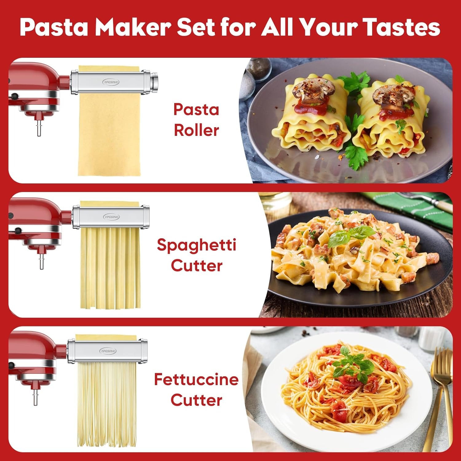 Pasta Attachment for Kitchen Aid Stand Mixer Included Spaghetti Cutter, Pasta Sheet Roller and Fettuccine Cutter, 3PCS Stainless Steel Pasta Maker Attachment by TPGSING image number 2