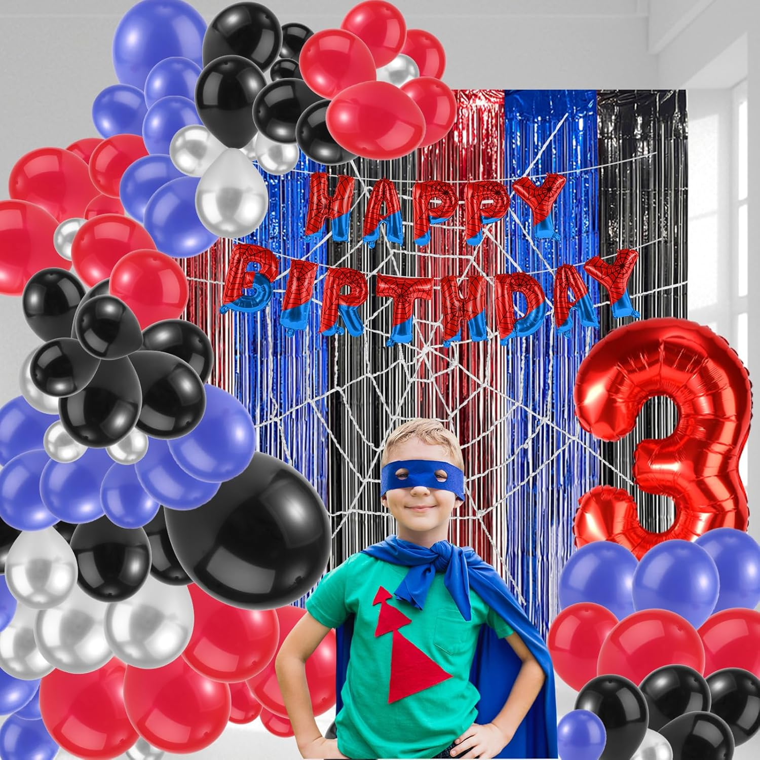 Spider Theme Party Decorations Kit, Includes Letter Banner Number Balloon Web Backdrop Hanging Curtains Multi-Size Balloons for Boys Girls Baby Shower Decor (Number 3) image number 6