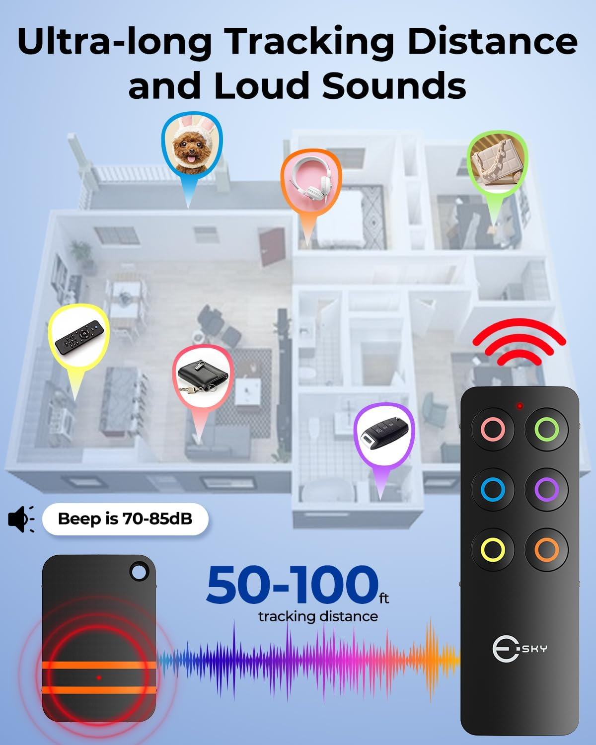 Esky Key Finder Locator with Sound, Stick-On TV Remote Control Finder and Item Locator Tags with 85Db Noise Sound 6 Receivers, Wallet Tracker Key Finders for Finding Keys, Remote, Pet, Phone image number 4
