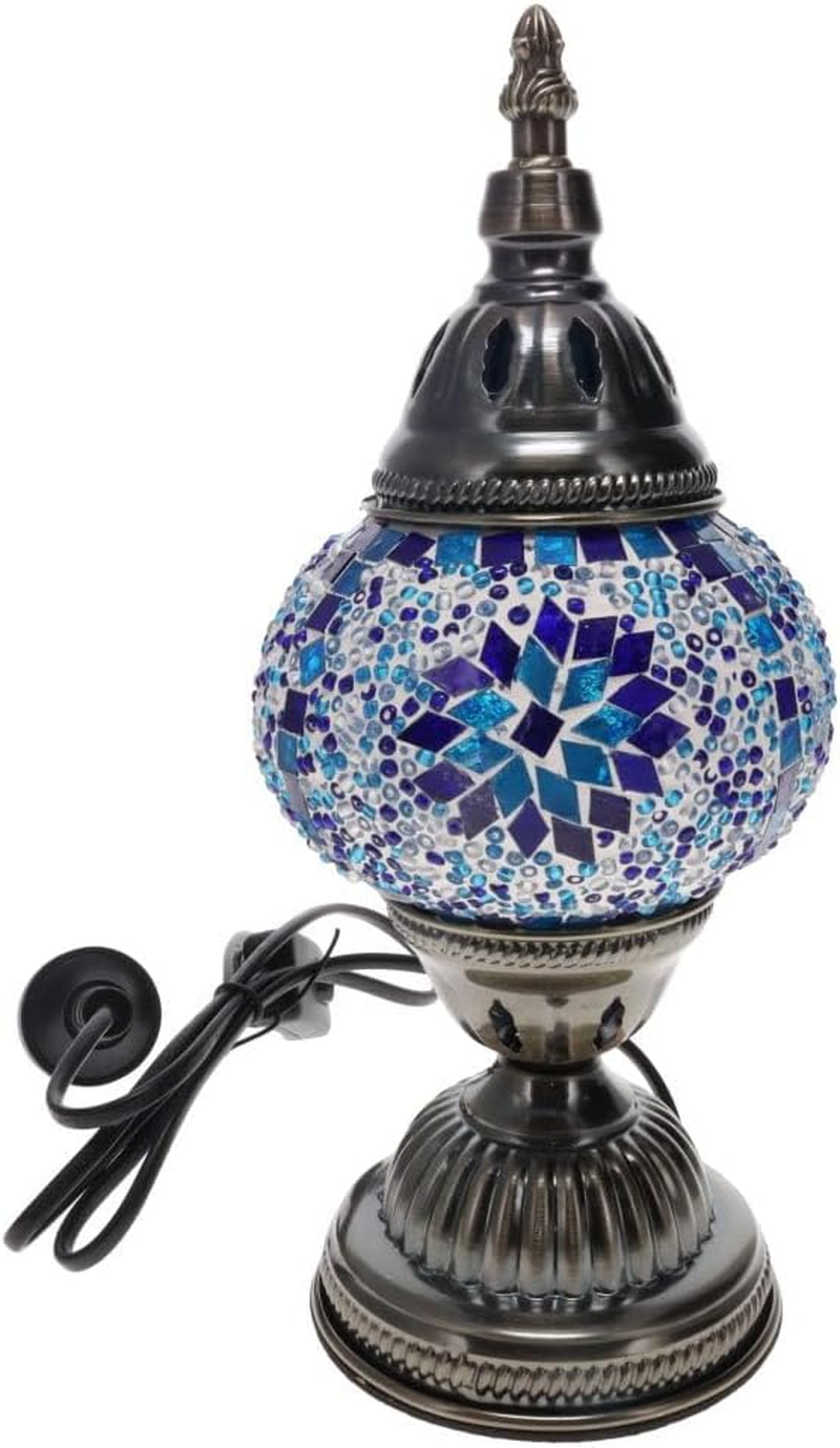 Mosaic Table Lamp, Blue Turkish Style Decorative Light with Handcrafted Glass Globe