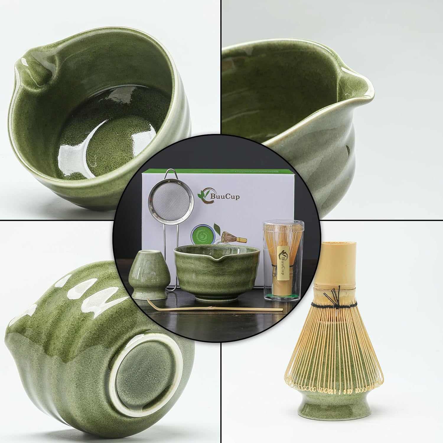 Matcha Set, Matcha Bowl with Spout, Matcha Whisk and Holder, Bamboo Matcha Scoop and Stainless Sifter - 5 Pcs Jade Green Matcha Set Kit for Matcha Lover