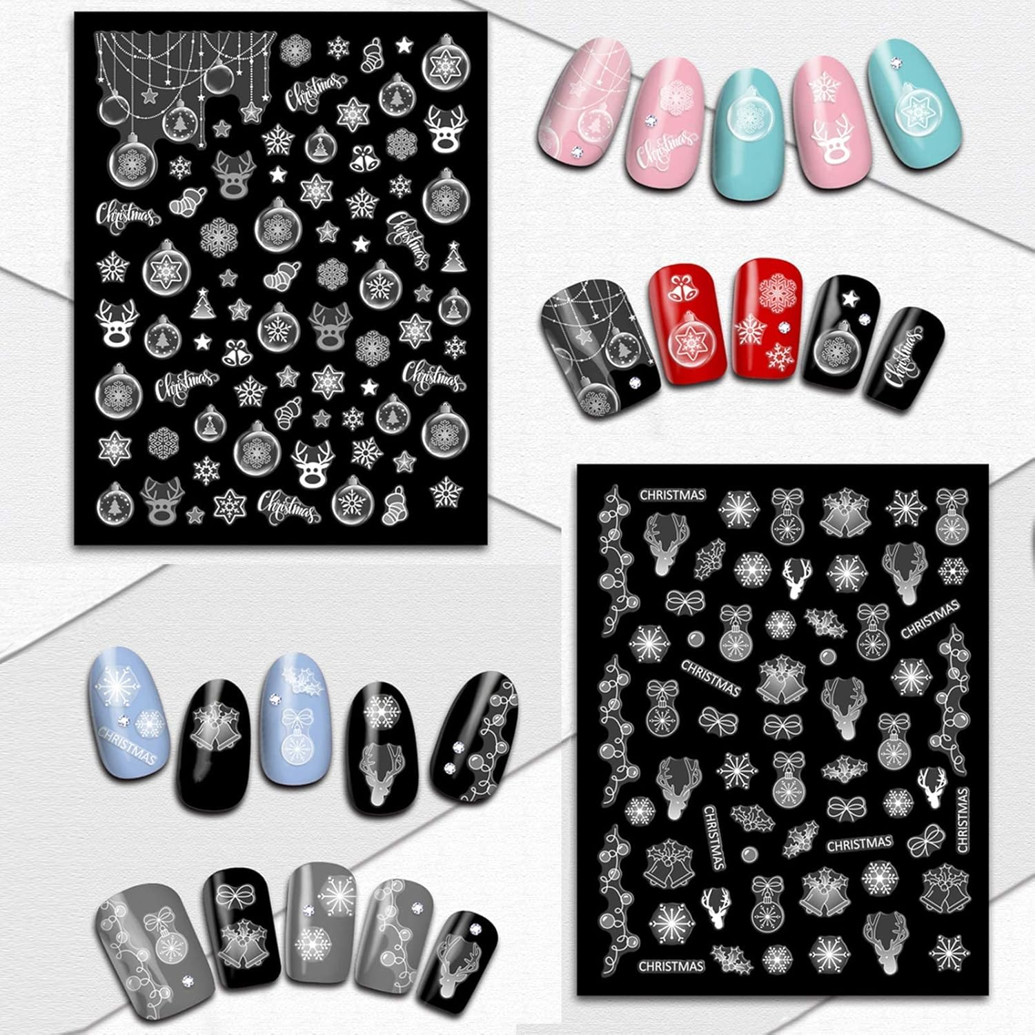 Tailaimei Christmas Nail Art Stickers Decals, Self-Adhesive White Nail Decorations Design for Santa Claus Snowflake Snowman (800 Pcs, 9Sheets) image number 4