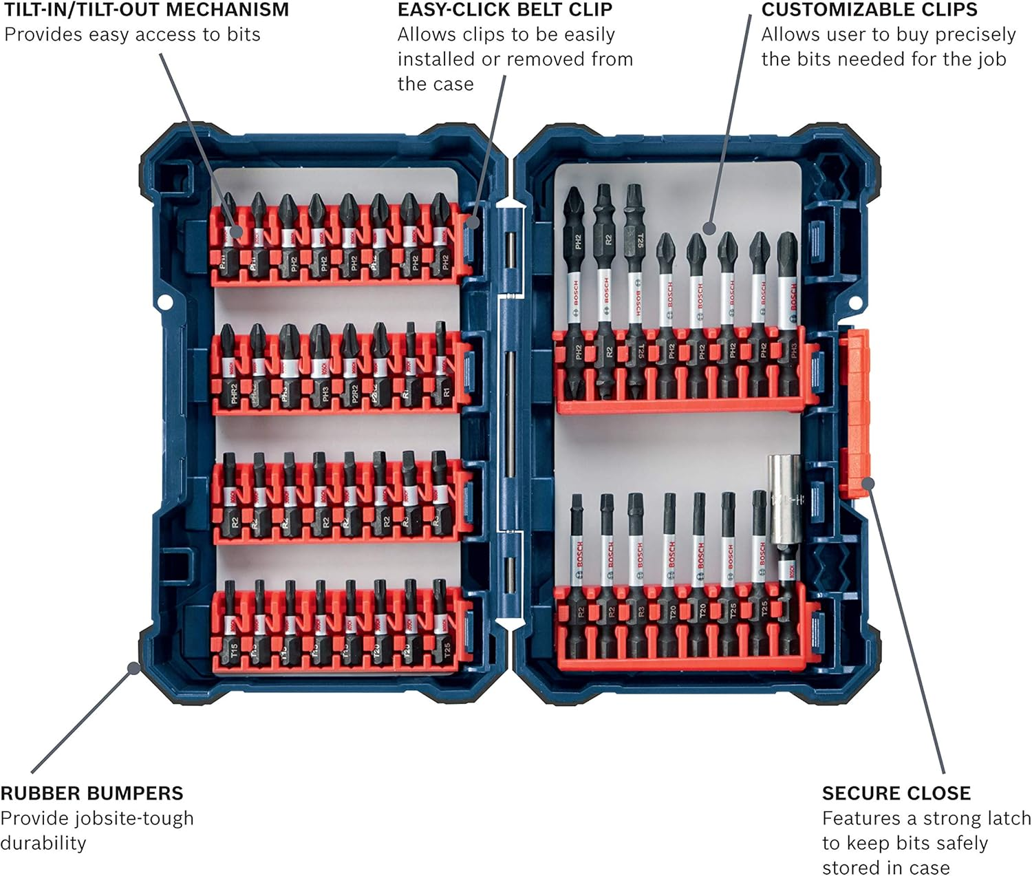 Bosch 48 Pcs. Professional Impact Tough Modular Screwdriver Bits Set (Long Life, Xtended Torsion Zone, in Tough Case, Tilt-In/Tilt-Out, with Magnetic Holder Accessories for Drills & Screwdrivers) image number 2