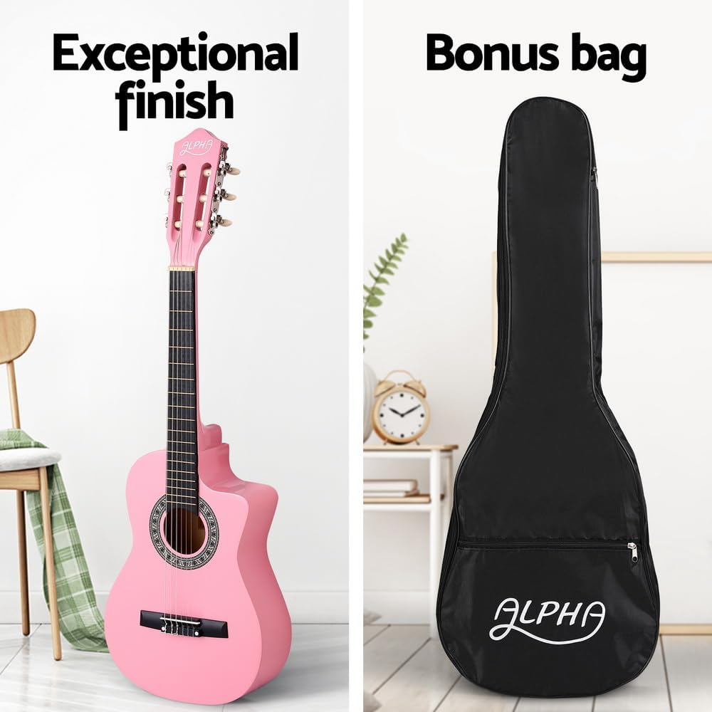 Alpha 34 Inch Guitar, Acoustic Classical Full Size Wooden Guitars Musical Instruments Kids Adult Children Beginner, 19 Frets and 6 Strings with Carry Bag, 3 Picks Pink image number 3
