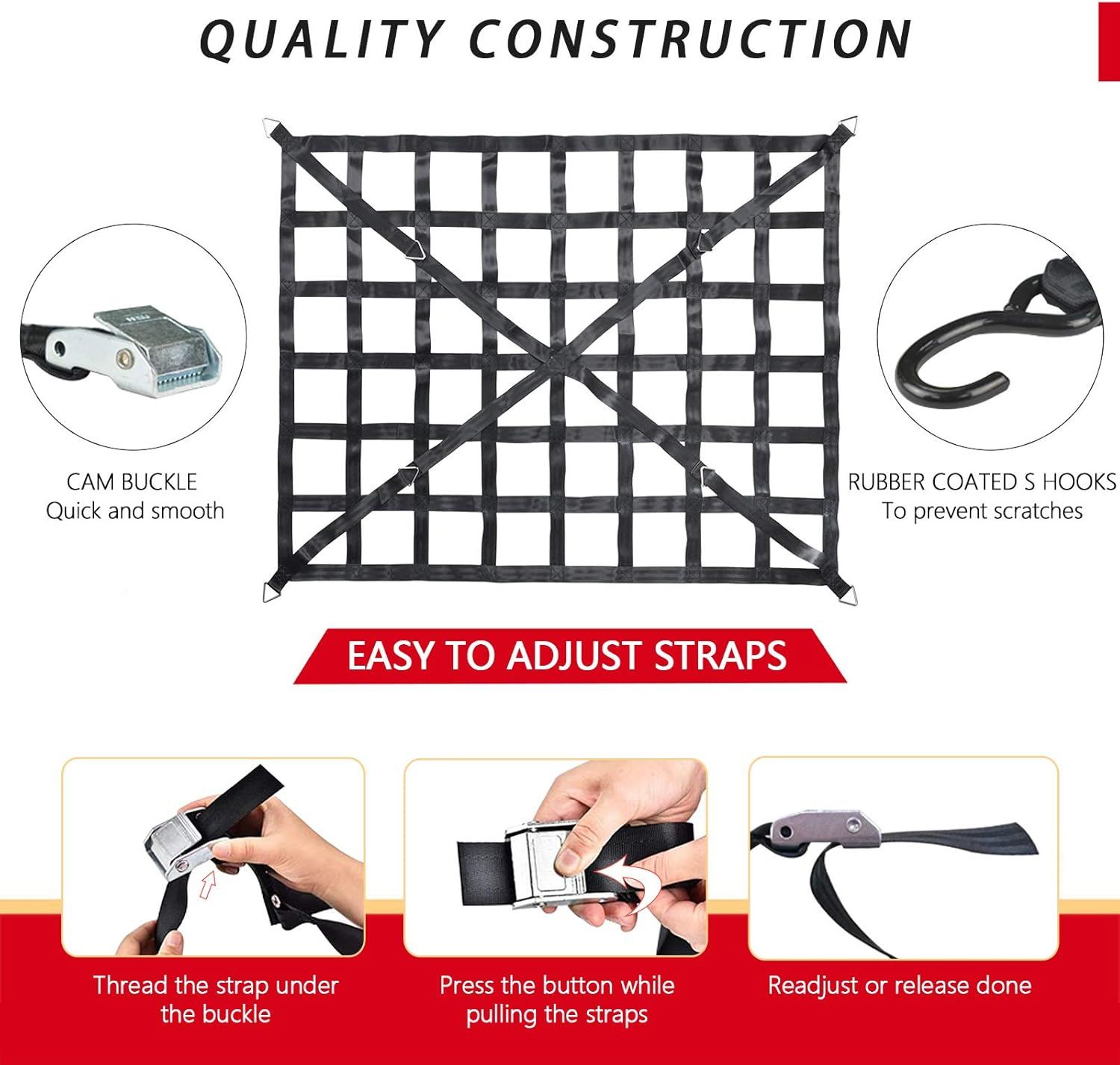 Surmountway Cargo Net for Pickup Truck Bed (66" X 50") - Heavy Duty with 1100LBS Capacity, Cam Buckles & S-Hooks - for Trailer Trucks with Cross Strap