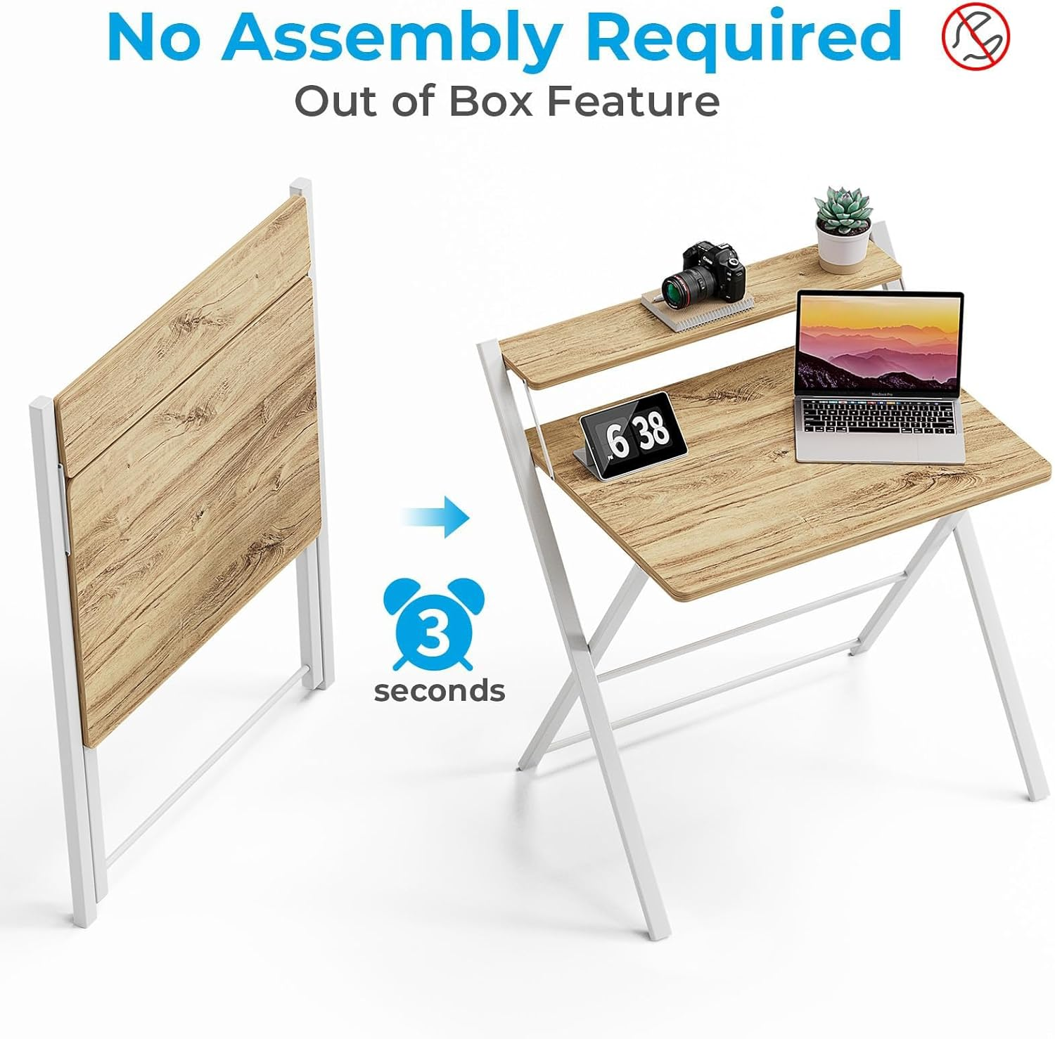 Folding Desk No Assembly Required Small Size, 2-Tier Foldable Computer Desk with Shelf for Home Office, Space Saving Portable Laptop Study Foldable Table for Small Spaces (Oak, 69 X 56 Cm) image number 3