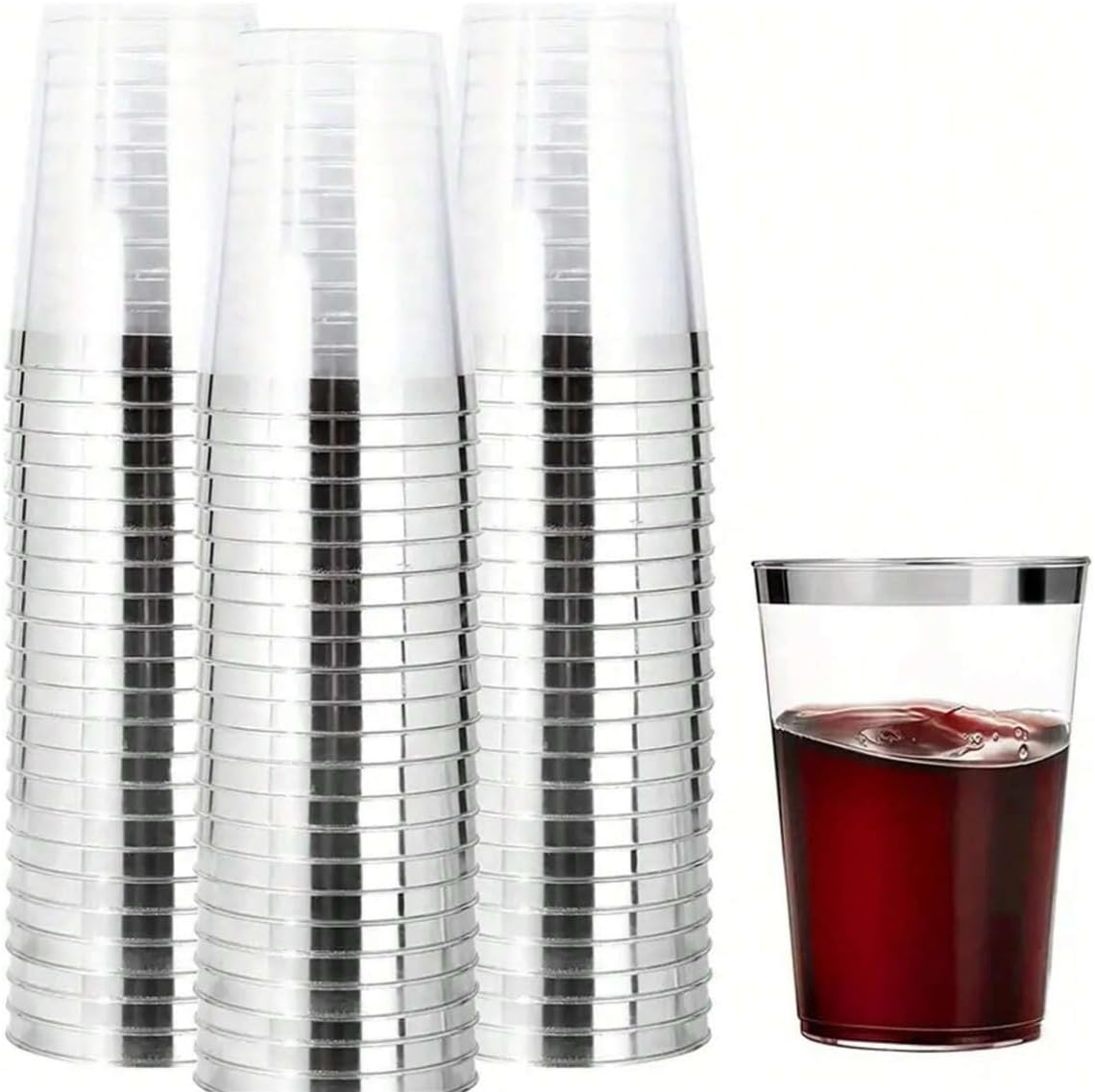 50 Pcs Plastic Tumbler Cups,10 OZ Clear Tumblers with Silver Rim,Reusable Elegant Party Cups for Holiday Gathering & Parties