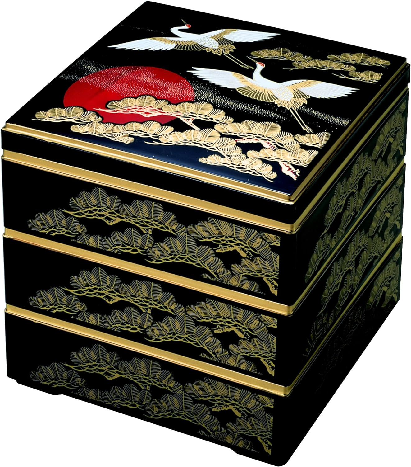 Wakaizumi Lacquerware H-158-34-A 3-Tier Box, 6.5 Size, Shige Kakukura, Black Hinode Crane (Inner Black) image number 1
