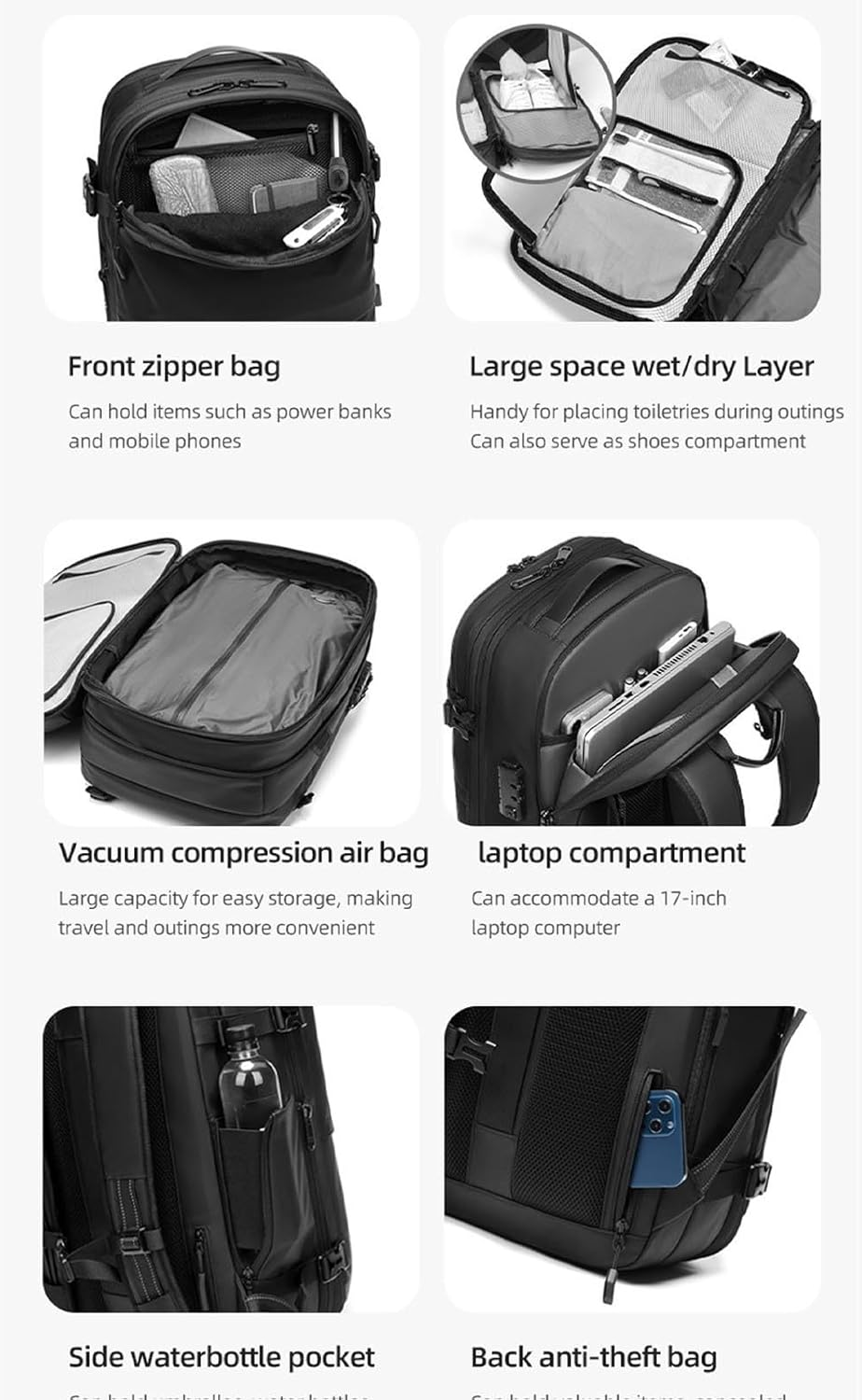 Vacuum Backpack for Travel 60L Expandable Travel Backpack with Compression Lock Water-Resistant Design for Hiking Camping Daily Use