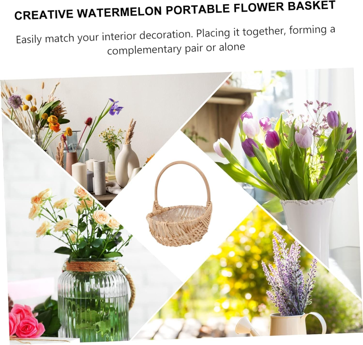 Handwoven Rattan Basket - Vintage Style Woven Picnic Basket with Handle, Small Flower Girl Basket for Floral Arrangements, Fruits, Bread Storage & Outdoor Gatherings image number 2