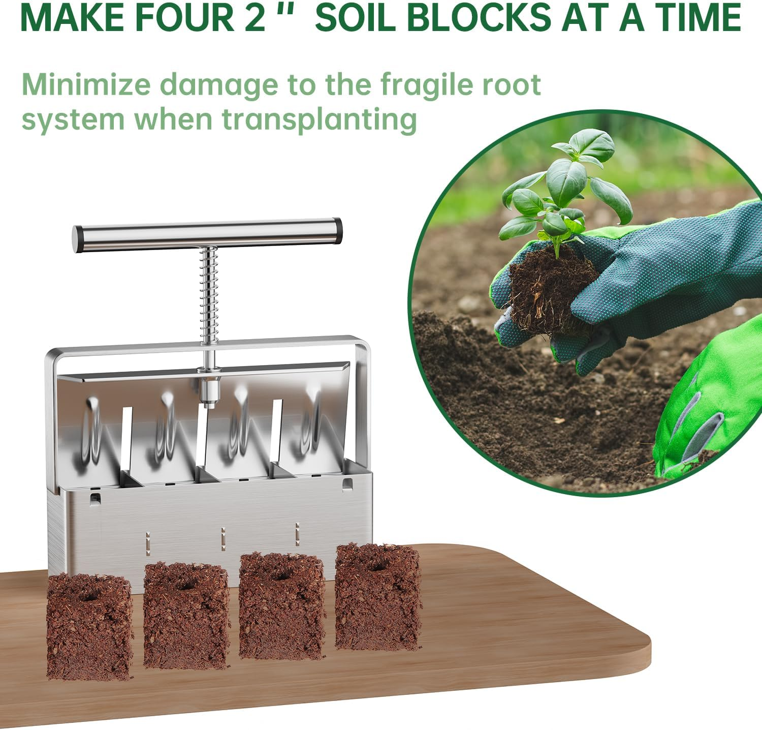 Nanovi Soil Blocker, 2 Inch Soil Block Maker with 3 Sizes Seed Pins & Comfortable Handle 4 Cell Handlheld Soil Blocking Tool for Seed Starting, Grow Seedling, Outdoor Plants, Greenhouses, Garden image number 2