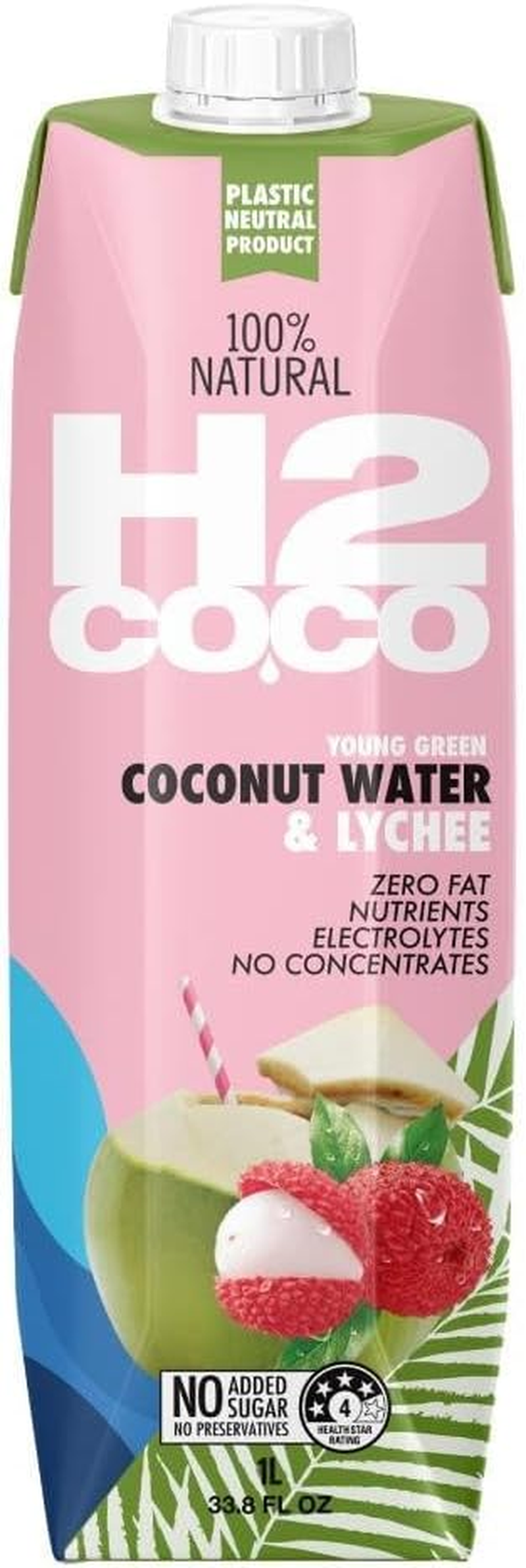 H2 Coco Pure Coconut Water, 6 X 1000 Ml, Pure Coconut Water with Lychee