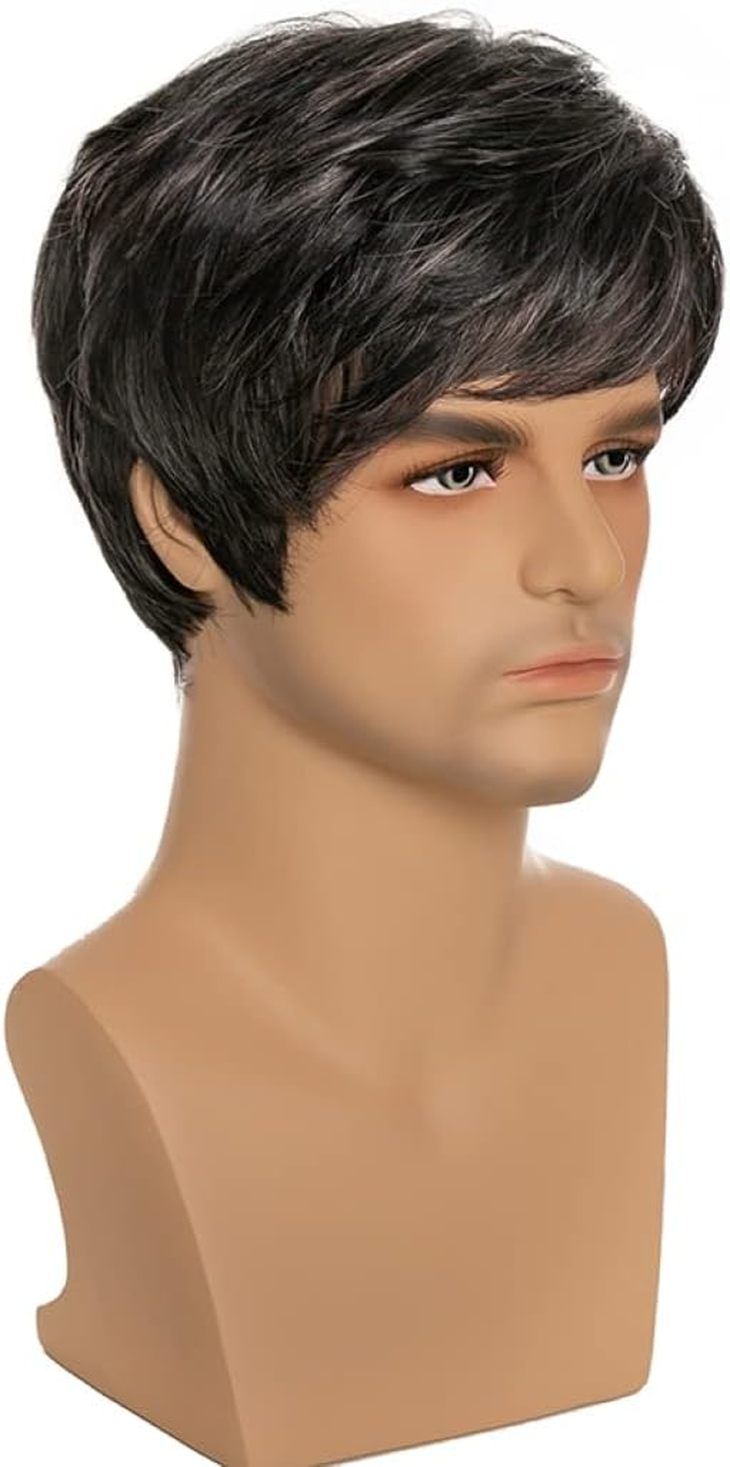 AIYLMZ Short Black Straight Side Part Wigs for Men with Bangs Hair Toupee for Middle Aged Men Natural Stylish Fluffy Layered Wigs Men'S Hairpieces (Black) image number 3