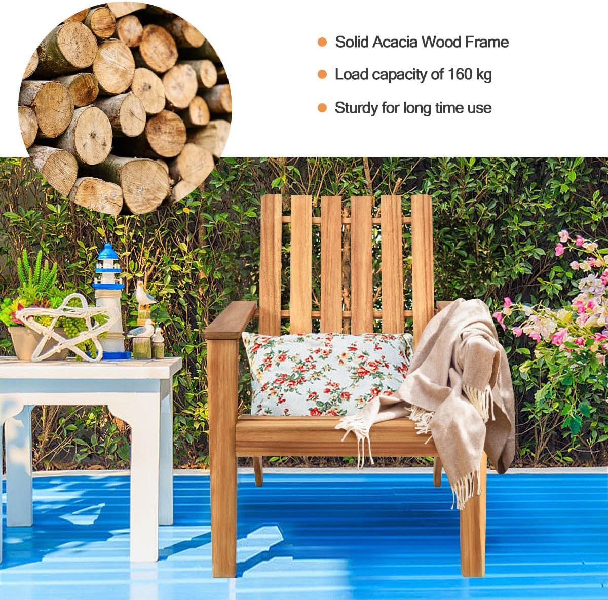 Costway Wood Adirondack Chair, Patio Lounge Chair with Ergonomic Backrest and Armrest, Sturdy Wooden Structure, Classic Outdoor Adirondack Chair for Deck, Yard, Garden (Natural) - Gray image number 2