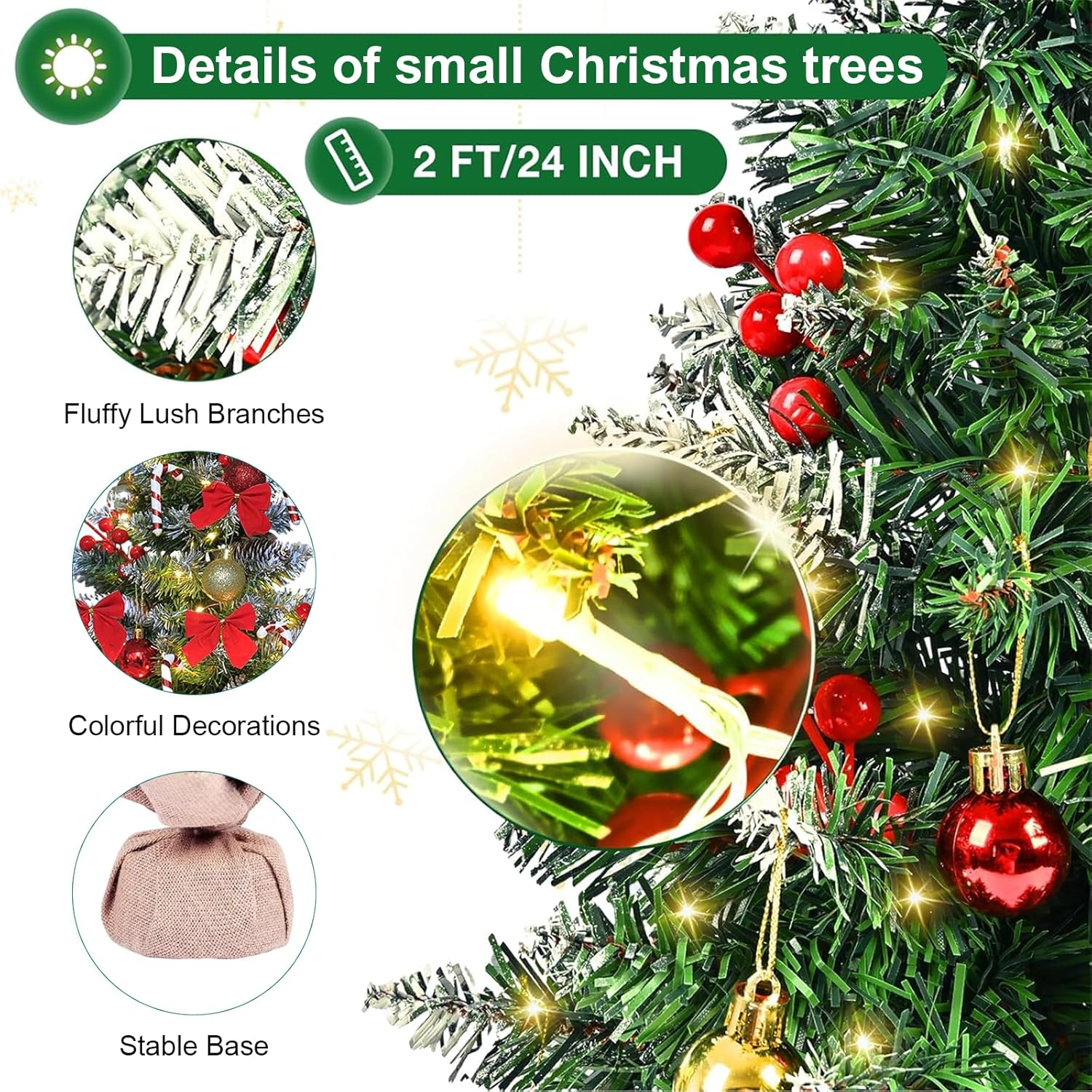 Small Christmas Tree with Lights and Ornaments, 60Cm Tabletop Mini Christmas Tree with Light, Star Topper, DIY Artificial Tabletop Xmas Tree for Office Home Indoor Decoration image number 4