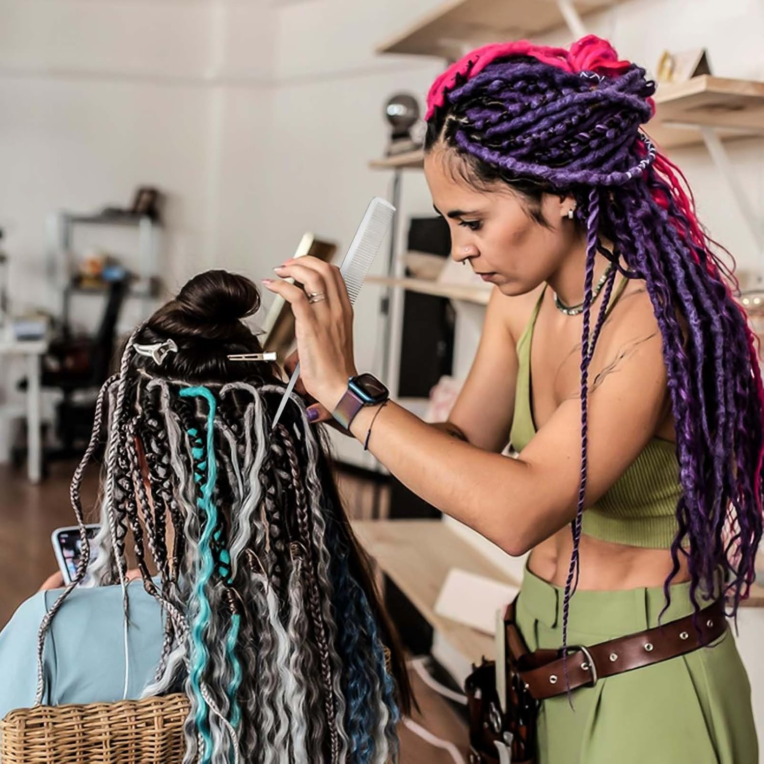 2 PCS Stainless Steel Hair Comb Set - Metal Rat Tail and Flat Top Barber Comb with Metal Pick for Teasing, Styling, and Cutting image number 5