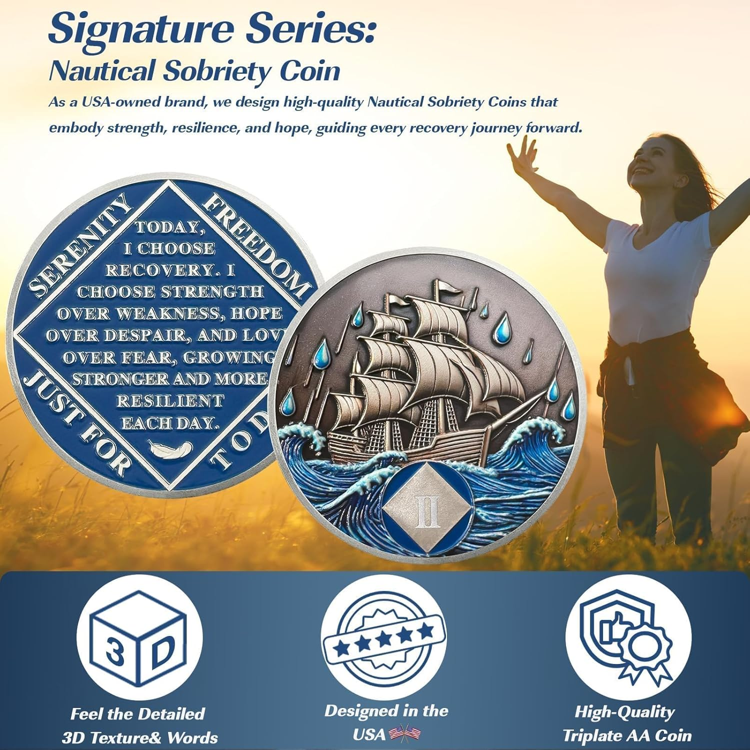 Nautical 2 Year Sober Coin- Affirmation Sober Coin -AA Chips and Medallions &ndash; Addiction Recovery AA Coins &ndash; Narcotics Alcoholics Anonymous Sobriety Gifts for Women Men image number 2