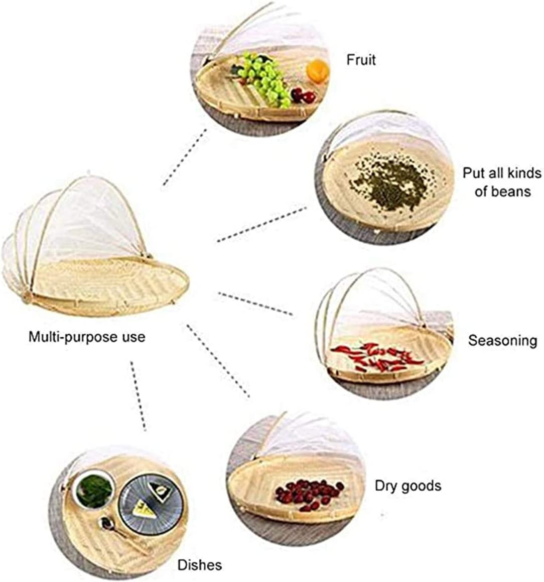 Hand-Woven Bamboo Tent Basket with Mesh Gauze Cover - Insect Proof, Dustproof round Picnic Basket for Vegetables, Fruits, Bread (40 Cm)