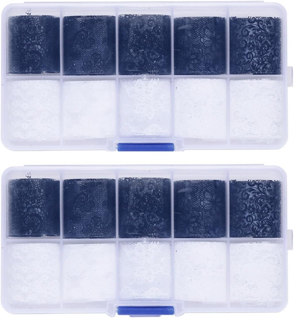 TEHAUX 2 Boxes Black and White Lace Nail Art Stickers Set, 10 Styles Decorative Nail Charms Decals for Creative Manicure and Salon Use image number 1