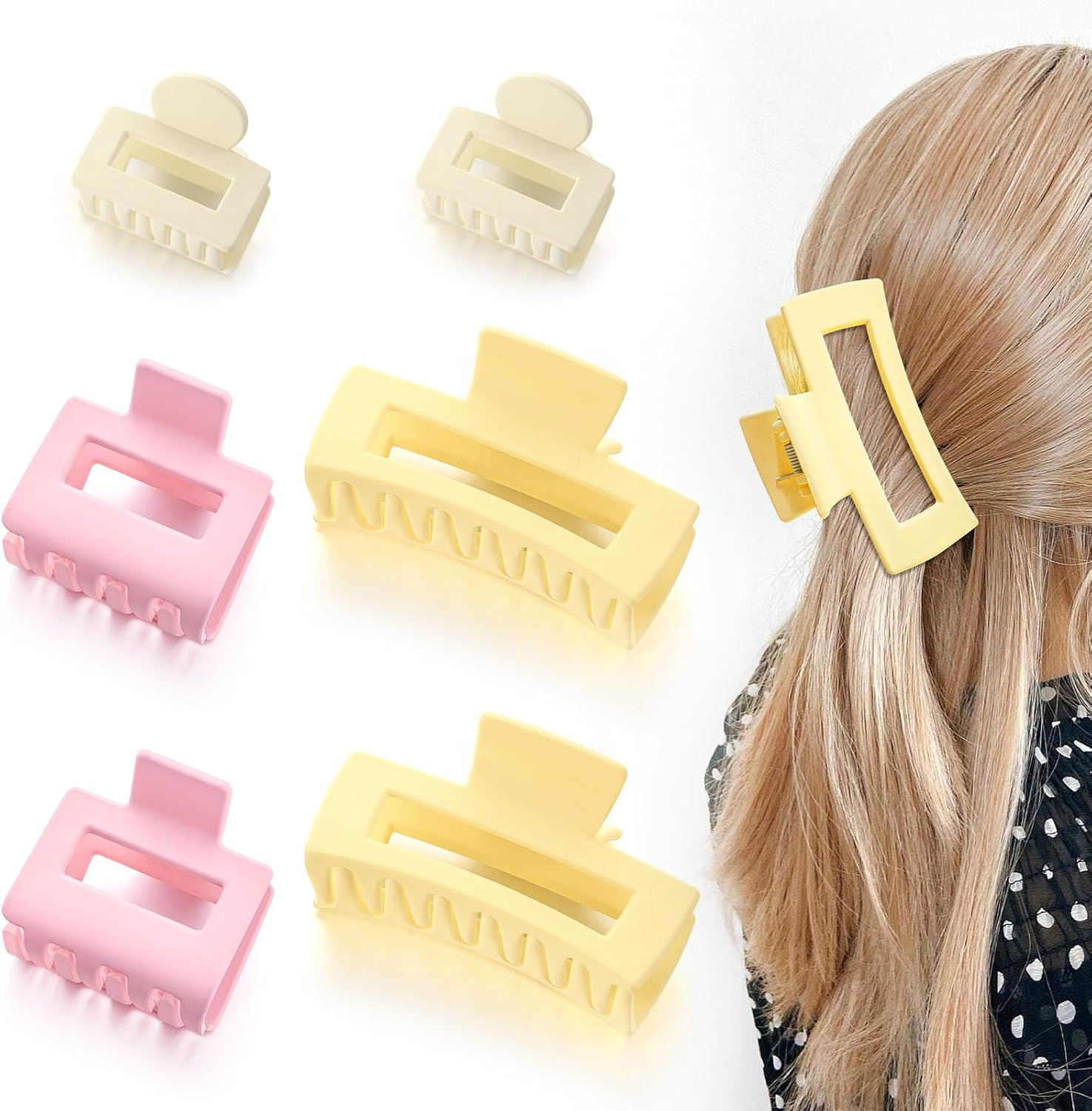 6 Pcs Matte Square Claw Clips Set for Women, Cute Pastel Yellow Pink & White Hair Clips &ndash; Non‑Slip Small and Medium Rectangular Hair Claw Clips, French Style Hair Accessories for Women image number 6