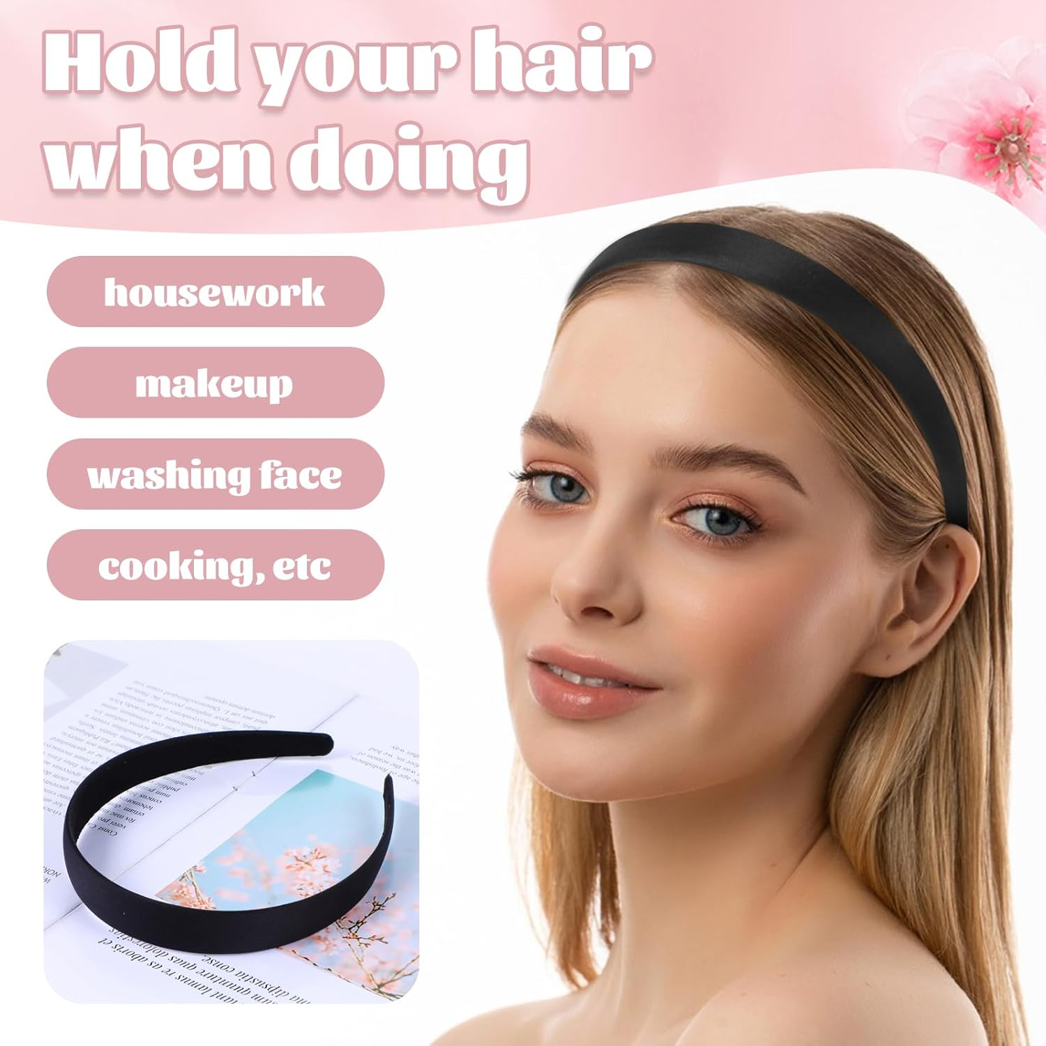 Pack of 2 Satin Hair Bands, Wide Headbands, Plain Headbands for Women, Non-Slip Hair Accessories for Women, Girls, Makeup Removal, Cleaning, Skin Care, Halloween, Carnival (Width 2 Cm) image number 2