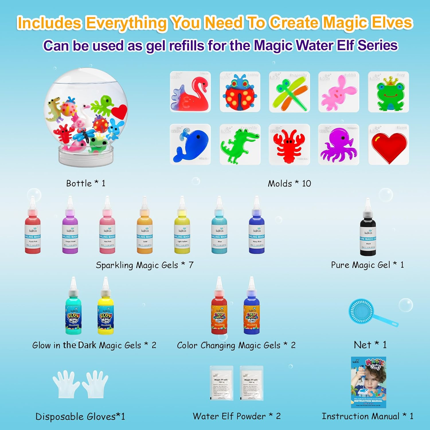 Kiditos Magic Water Elf Toy Kit &ndash; Squishies for Kids, 12 Gels + 10 Molds & 1 Bottle, Magic Gel Water Pets Sensory Toy, DIY Craft Kit & Refill, Party Favors, Birthday & Xmas Gifts for Kids Ages 3+ image number 6