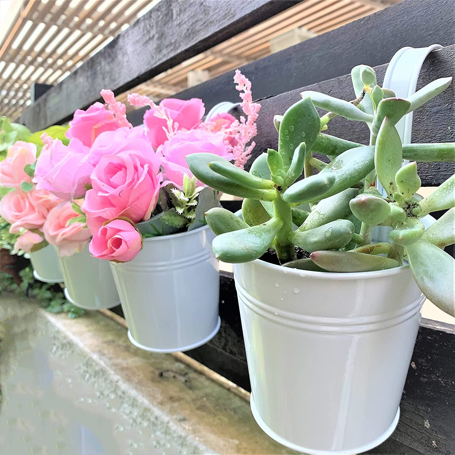 Lalagreen 6 Inch Hanging Planter Iron - 10 Pack, White Large Metal Flower Pot over Rail Balcony Railing Hanging Buckets for Plants Outdoor Fence Wall Herb Garden Succulent outside Deck Patio Porch