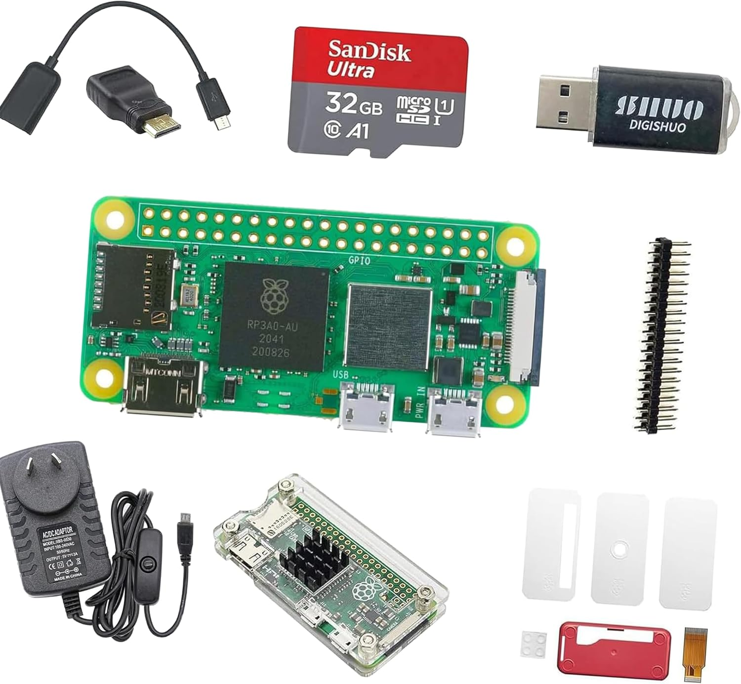 A-DIGISHUO Raspberry Pi Zero 2W Complete Kit 1Ghz 512M Wtih 32G SD Card Hdmi&Mini USB&GPIO Connector with Heat Sink Kit (Raspberry Pi Zero 2W 9-In-1 Kit) image number 3