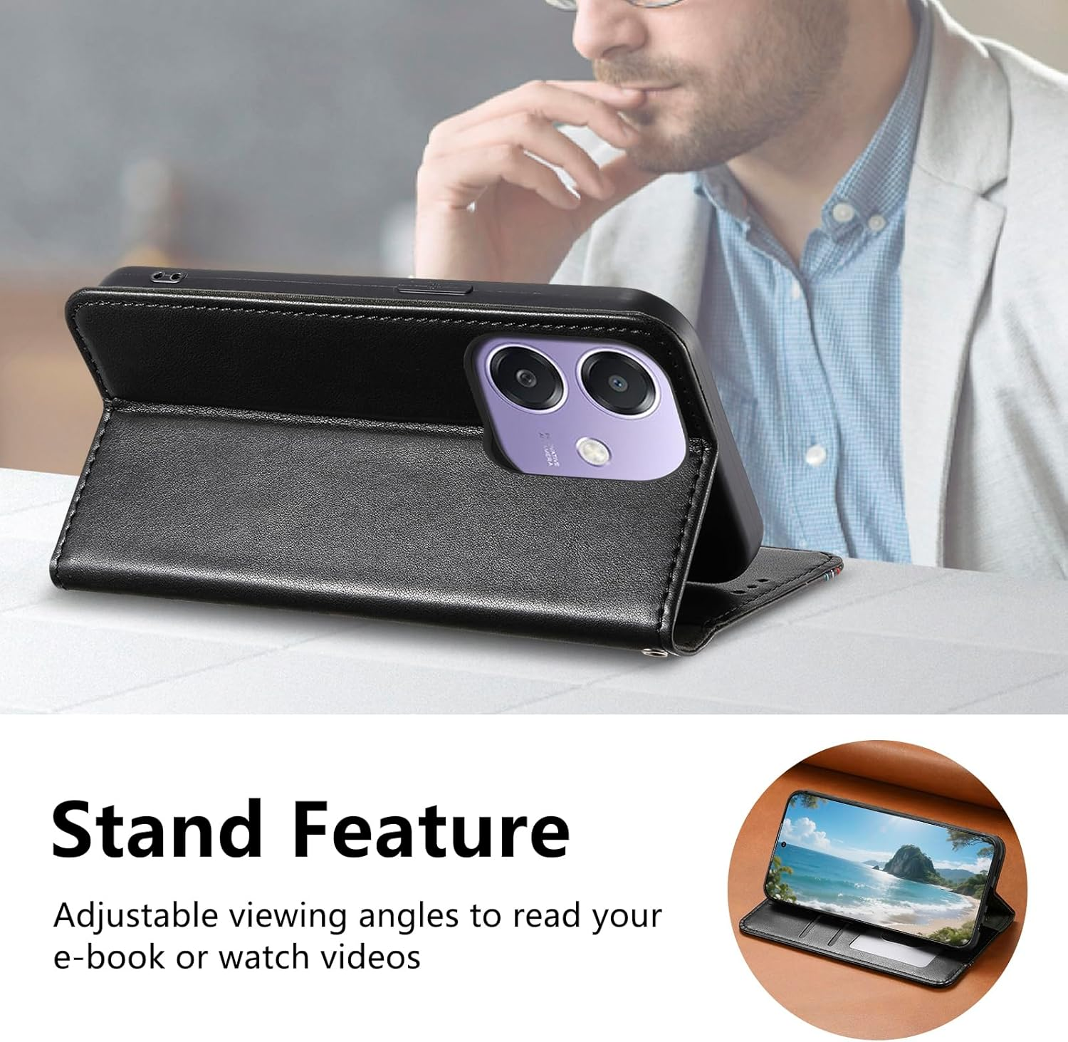 PEIYE Case for Oppo A40 4G / A40M / Oppo A60 5G - Premium PU Leather Flip Wallet Cover, Shockproof Magnetic Closure, Foldable Kickstand, Card Holder - Black - Green image number 2