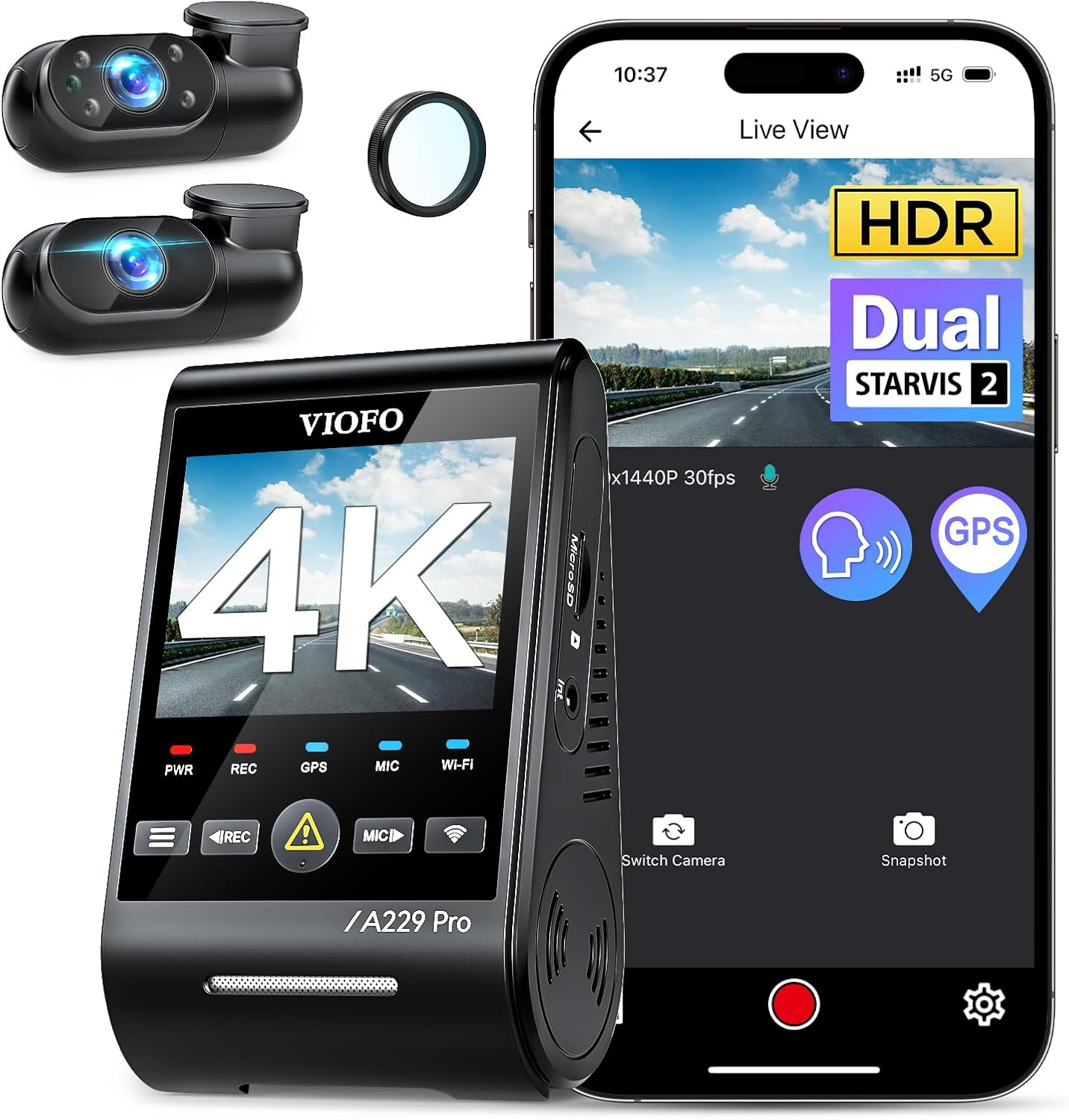 VIOFO A229 Pro 3 Channel 4K HDR Dash Cam, Dual STARVIS 2 Sensors IMX678 & IMX675, 4K+2K+1080P Front inside and Rear Triple Car Camera, 5Ghz Wifi GPS, Voice Control, 24H Parking Mode