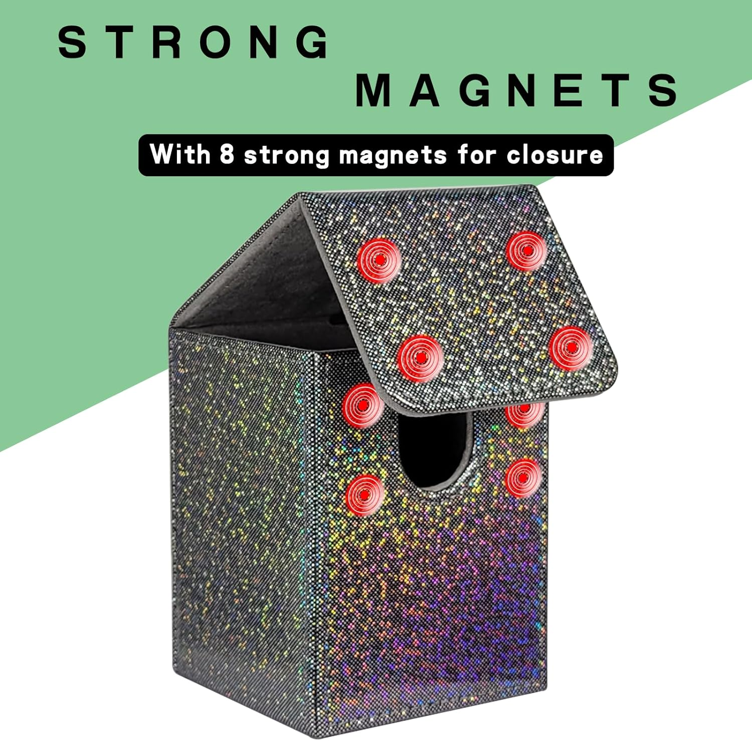 Dmoicols Sparkly Card Deck Box Holds 100+ Single Sleeved Cards,Leather Card Storage Case,Mtg Commander Deck Box with 2 Dividers Fit TCG CCG Magic Cards Vertical(Sparkly Black Point) image number 1