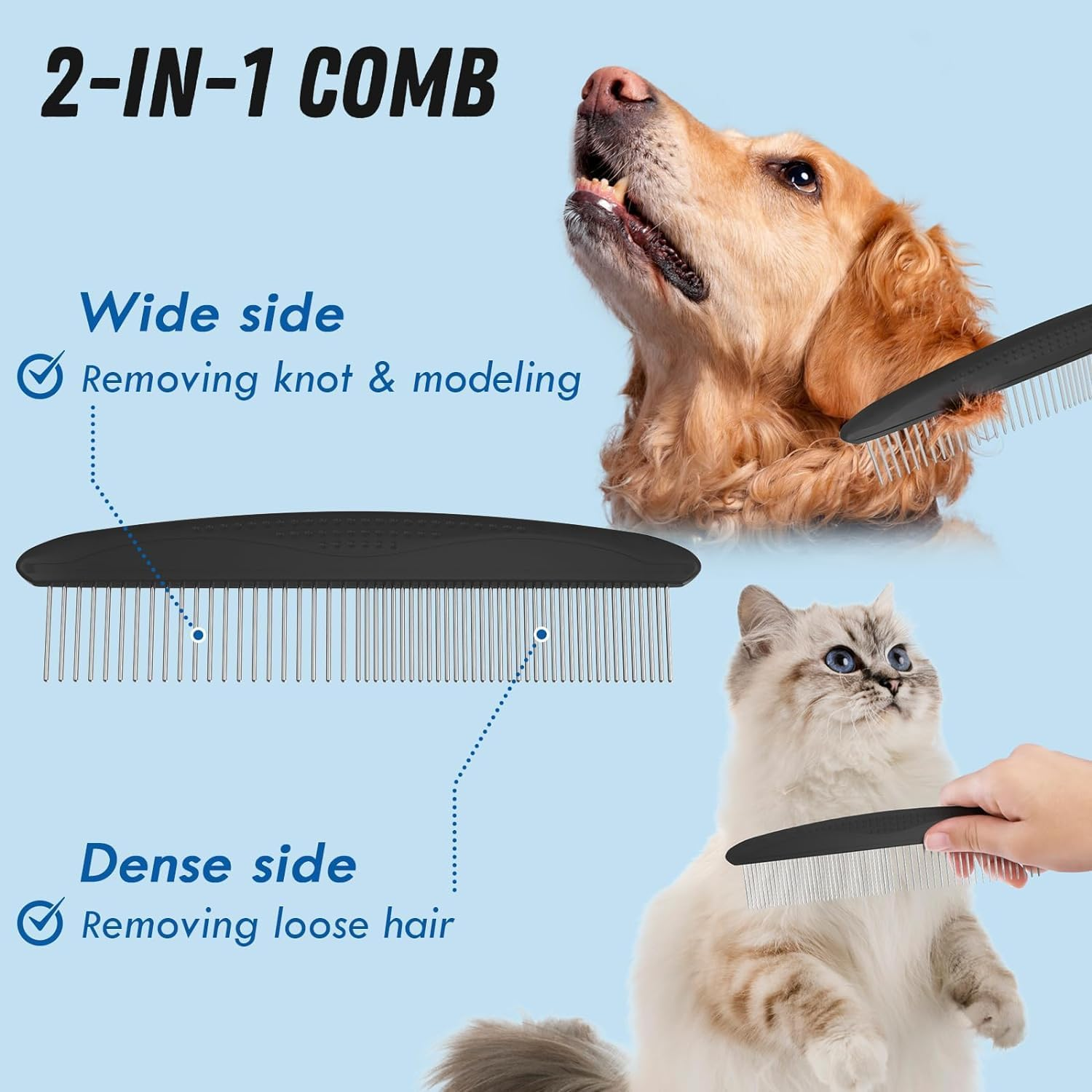 Mumoo Bear Pet Grooming Combo - Black Deshedding Brush with Metal Comb for Detangling and Dematting Long, Matted Fur on Cats and Dogs image number 4